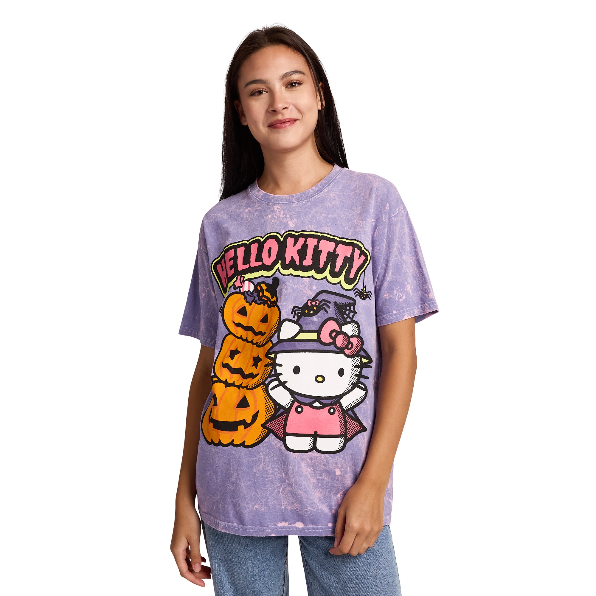 Hello Kitty Halloween Spiders and Witch Pumpkins on Mineral Wash Purple