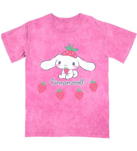Cinnamoroll Strawberries Women's Pink Mineral Wash Crew Neck Short Sleeve T-shirt