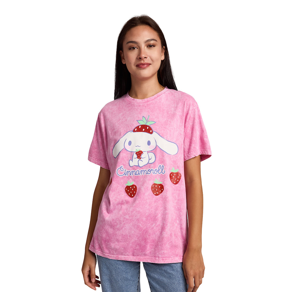Cinnamoroll Strawberries Women's Pink Mineral Wash Crew Neck Short Sleeve T-shirt