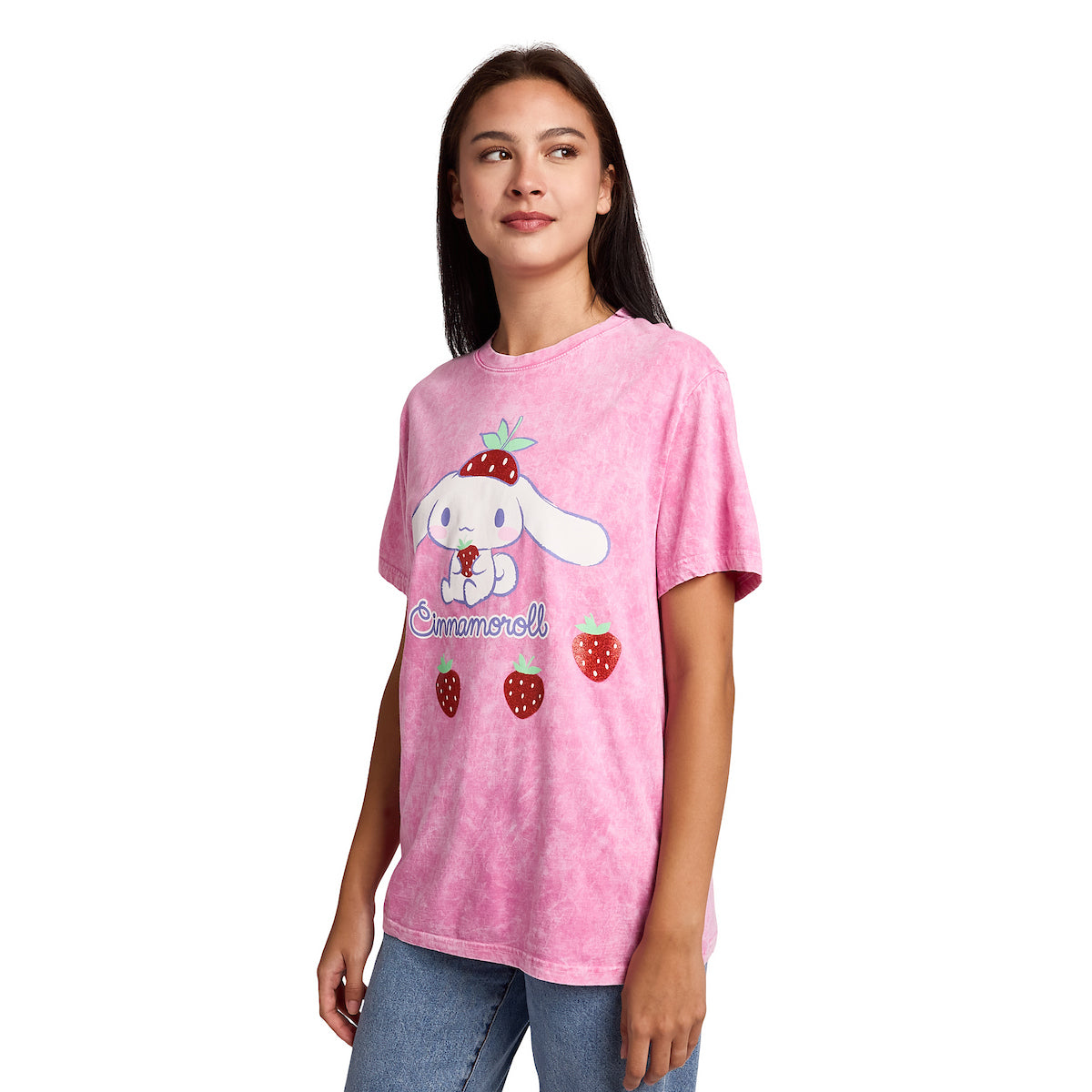 Cinnamoroll Strawberries Women's Pink Mineral Wash Crew Neck Short Sleeve T-shirt