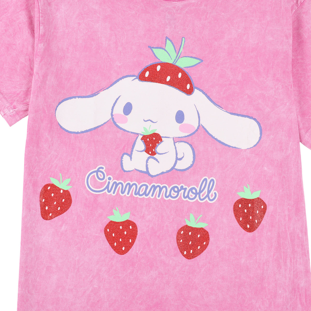 Cinnamoroll Strawberries Women's Pink Mineral Wash Crew Neck Short Sleeve T-shirt