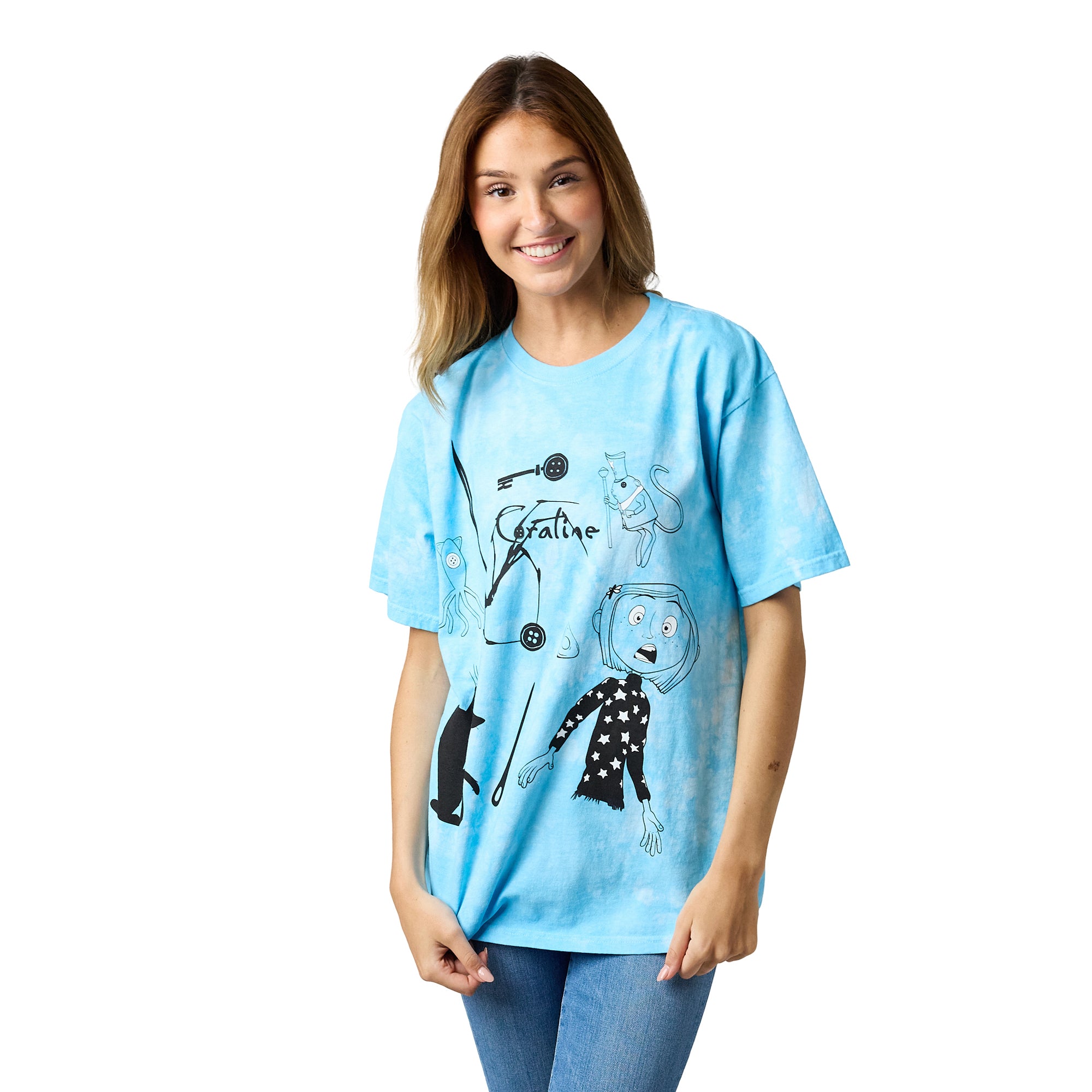 Coraline Character & Icons Women's Blue Mineral Wash Crew Neck Short Sleeve T-shirt