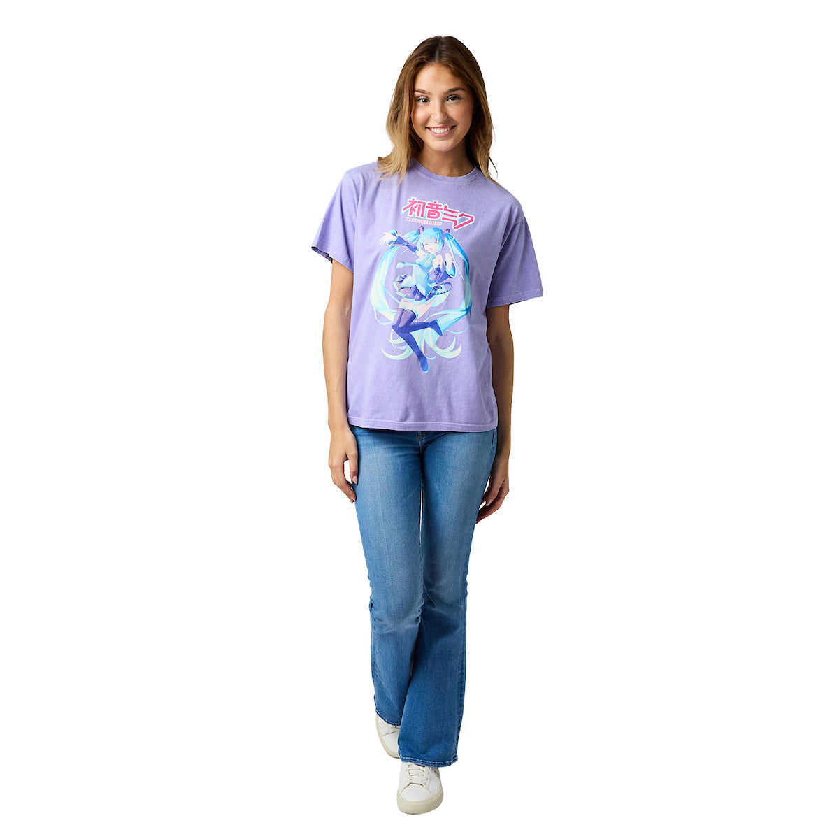 Hatsune Miku Character Logo Women's Purple Mineral Wash Crew Neck Short Sleeve T-shirt