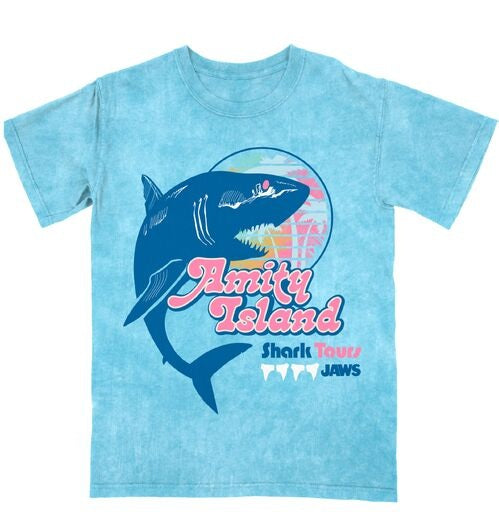 Jaws Amity Island Shark Tours Women's Blue Mineral Wash Crew Neck Short Sleeve T-shirt