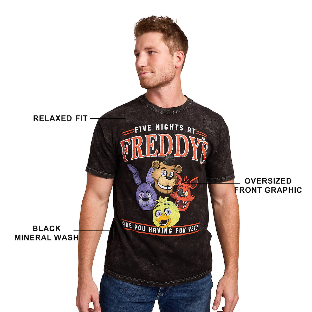 Five Nights At Freddy's Having Fun Yet Adult Black Mineral Wash Crew Neck Short Sleeve Unisex T-shirt