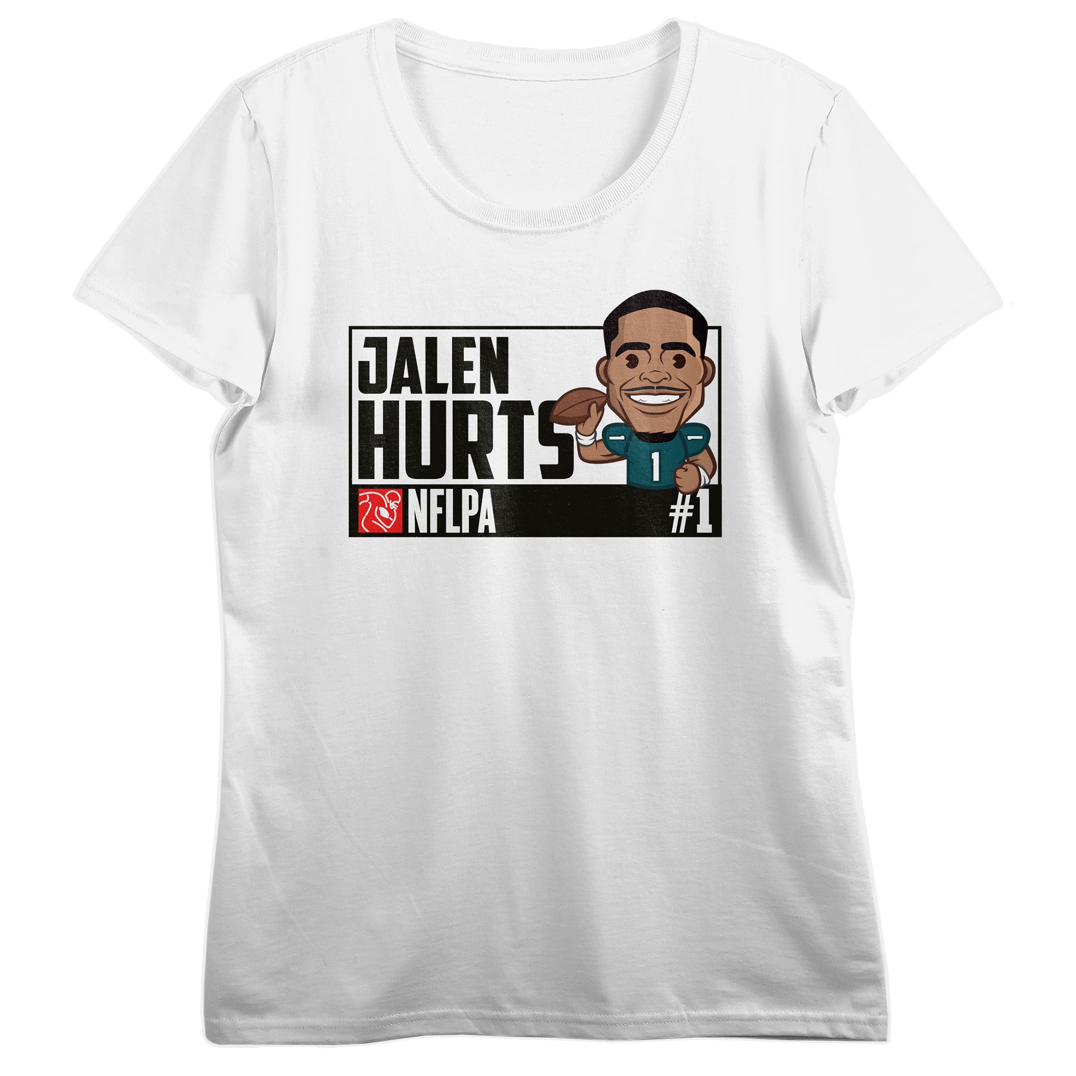 NFLPA 24 Jalen Hurts Caricature Graphic Women's White Crew Neck Short Sleeve T-shirt
