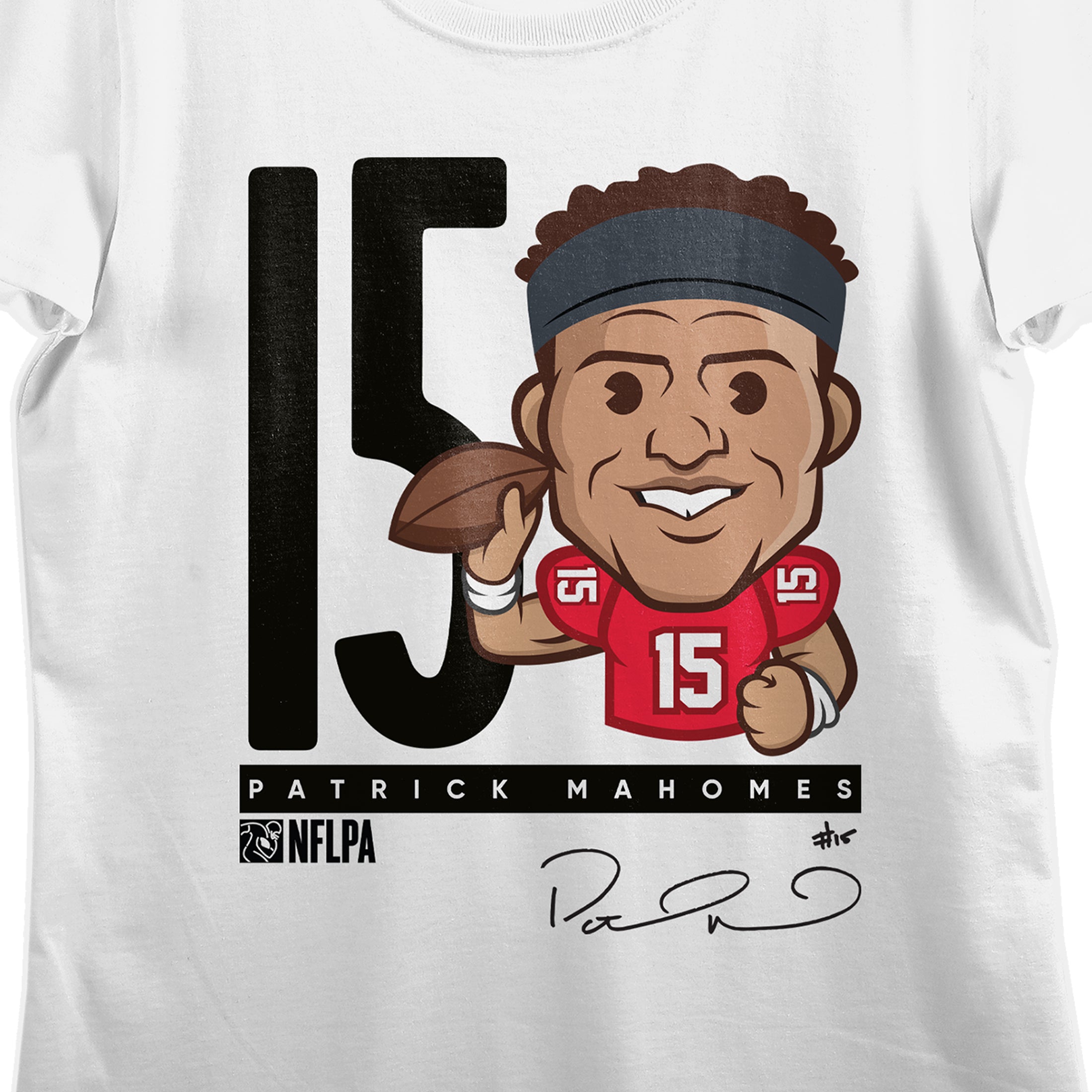 NFLPA Patrick Mahomes 15 Caricature Women's White Crew Neck Short Sleeve T-shirt