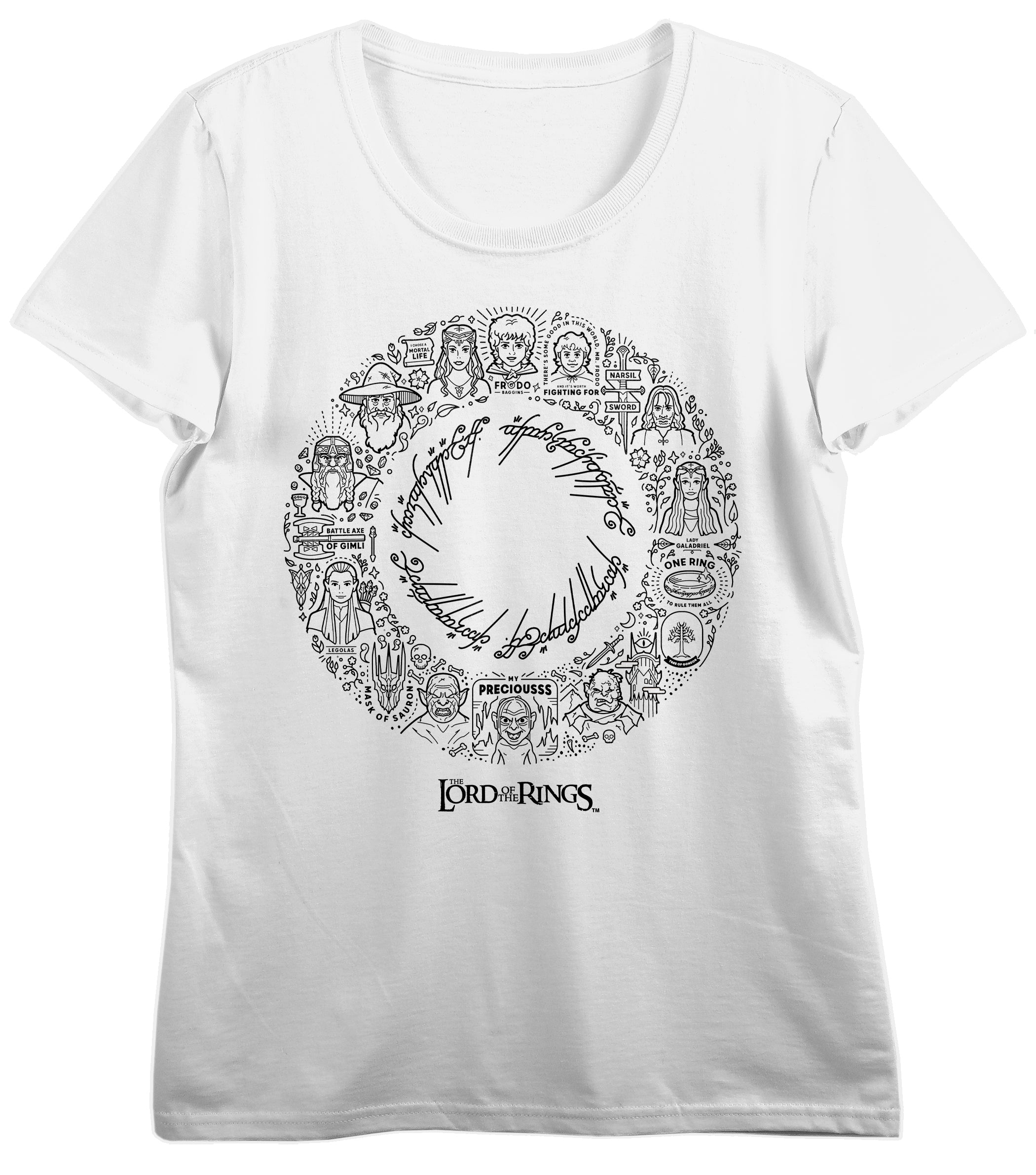 Lord Of The Rings Character Doodles One Ring Women's White Crew Neck Short Sleeve T-shirt