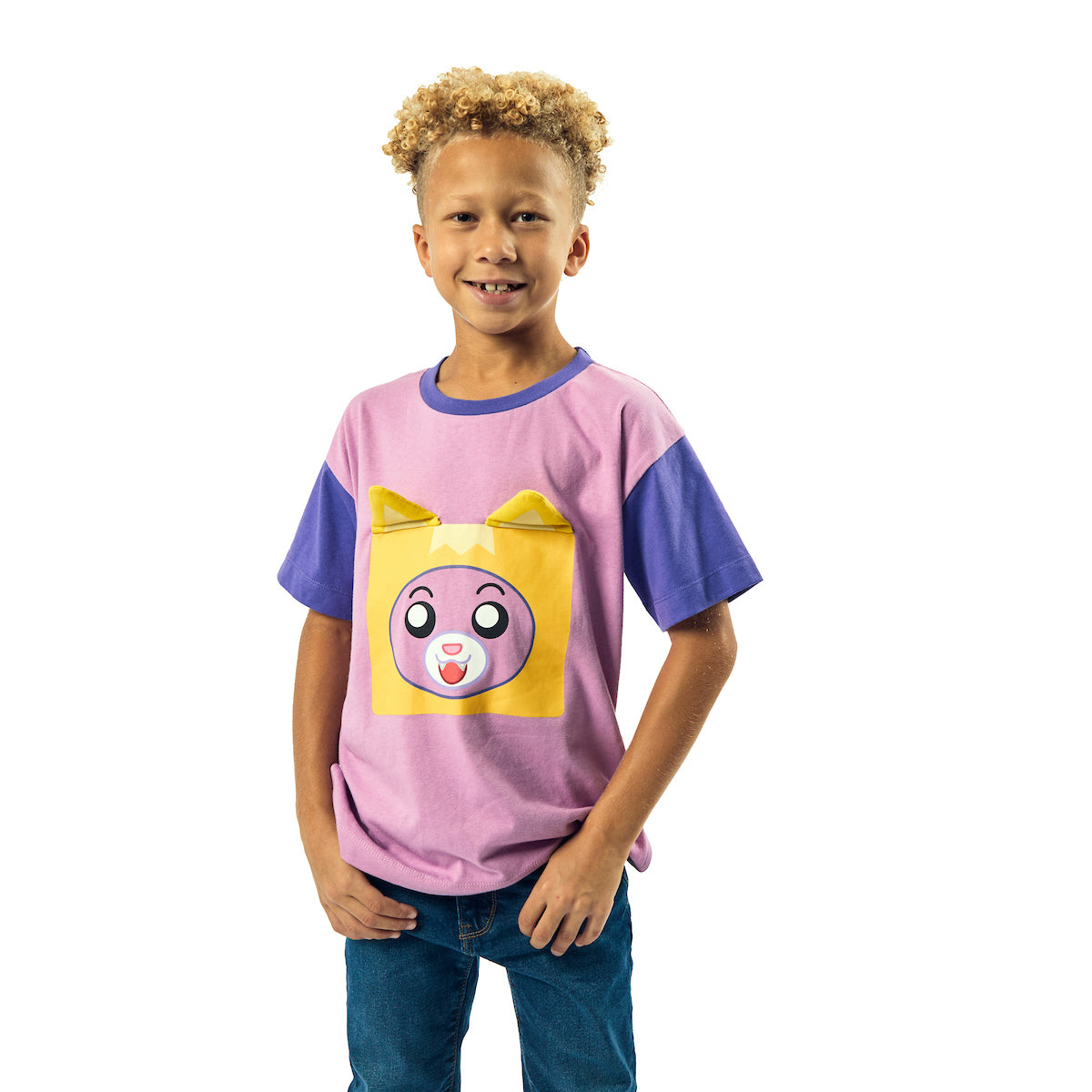 LankyBox Foxy Youth Purple Colorblock Crew Neck Short Sleeve Oversized T-shirt