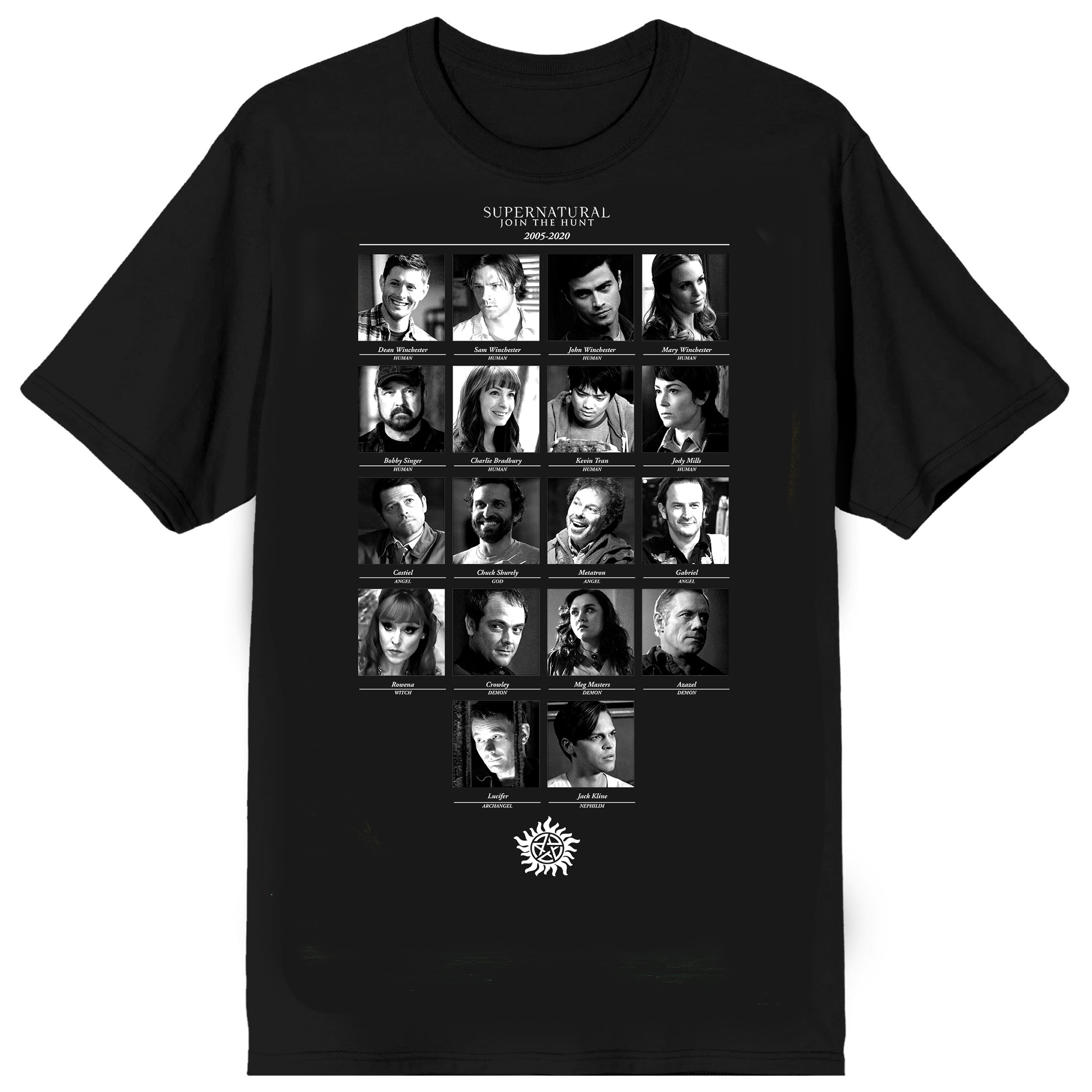 Supernatural Black & White Character Grid Adult Black Crew Neck Short Sleeve T-shirt
