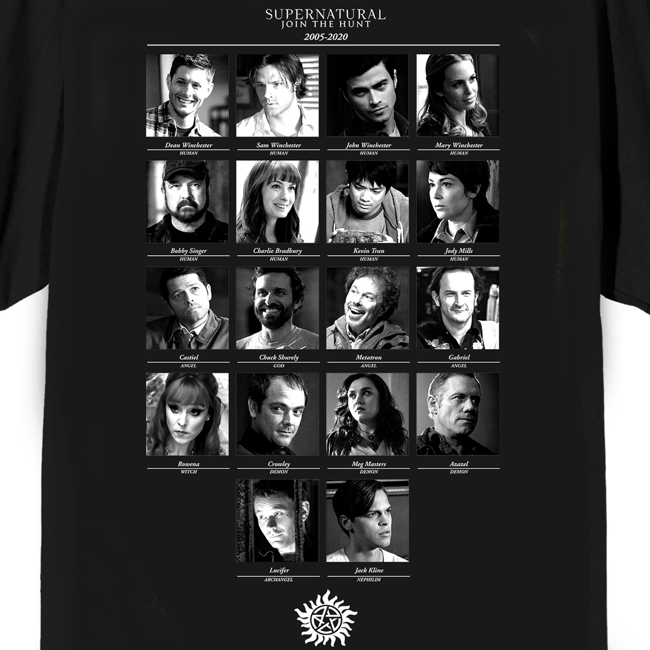 Supernatural Black & White Character Grid Adult Black Crew Neck Short Sleeve T-shirt