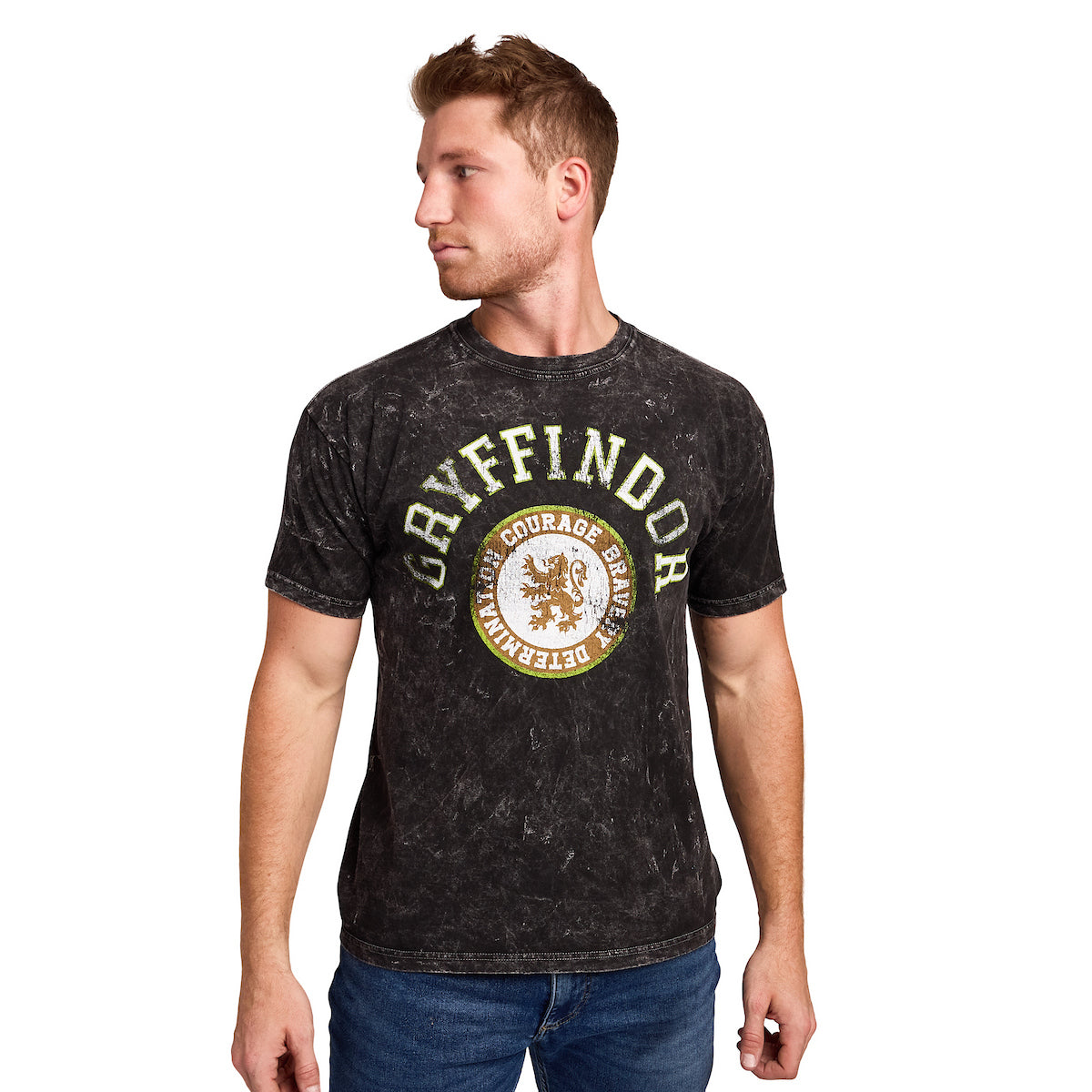 Harry Potter Gryffindor Varsity Men's Blue Vintage Mineral Wash Crew Neck Short Sleeve T-shirt