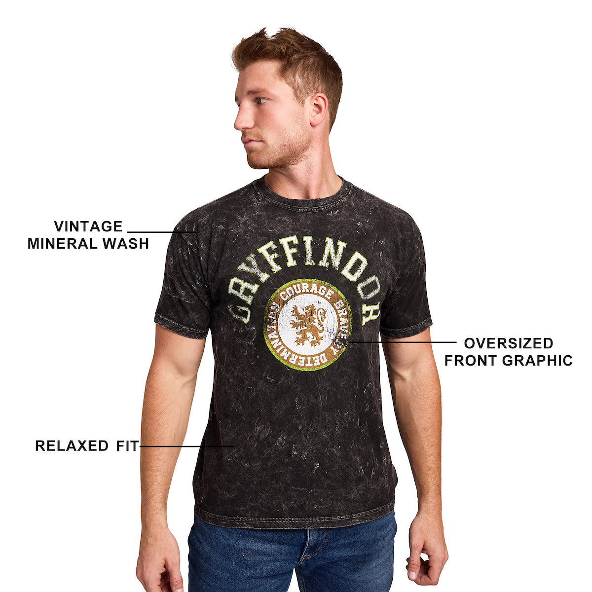 Harry Potter Gryffindor Varsity Men's Blue Vintage Mineral Wash Crew Neck Short Sleeve T-shirt