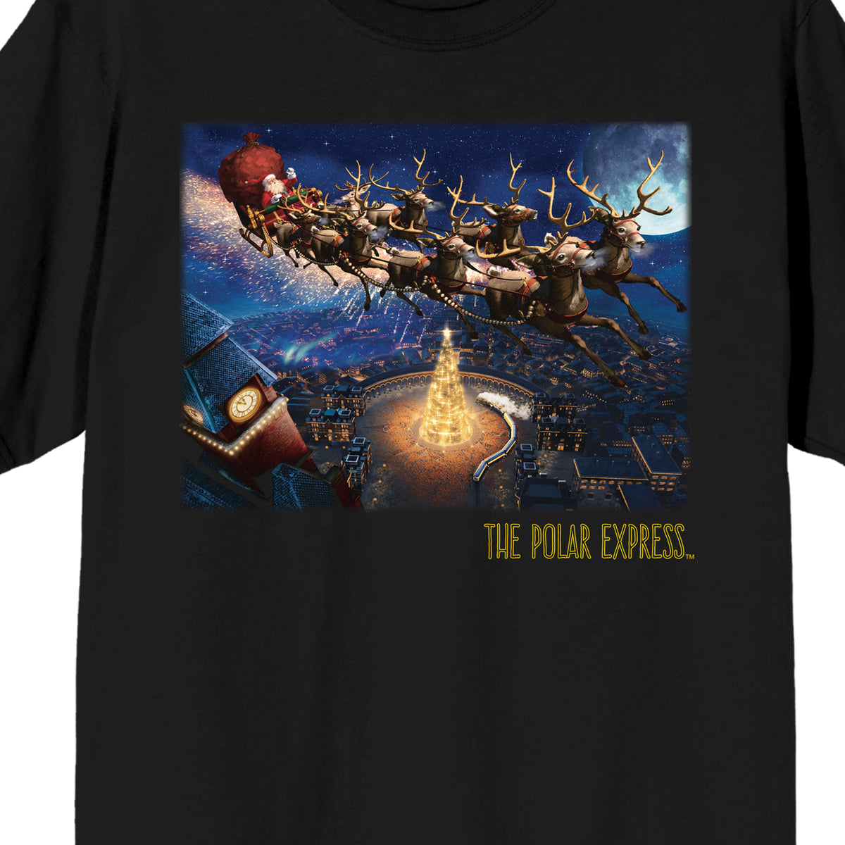 Polar Express Santa's Sleigh Above Christmas Tree Crew Neck Short Sleeve Men's Black T-shirt