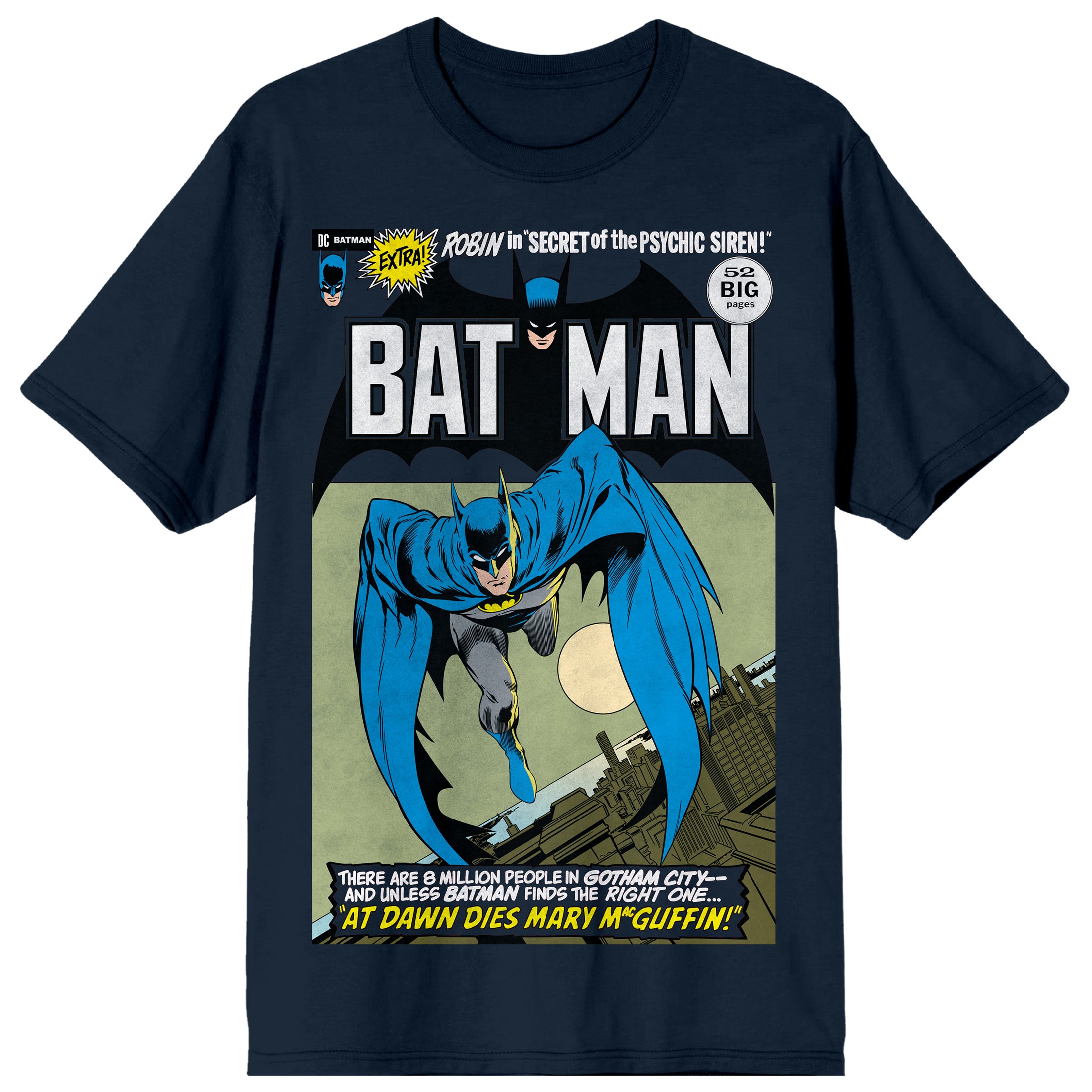 Batman Leaping Into Action Comic Cover Art Crew Neck Short Sleeve Navy Men's T-shirt