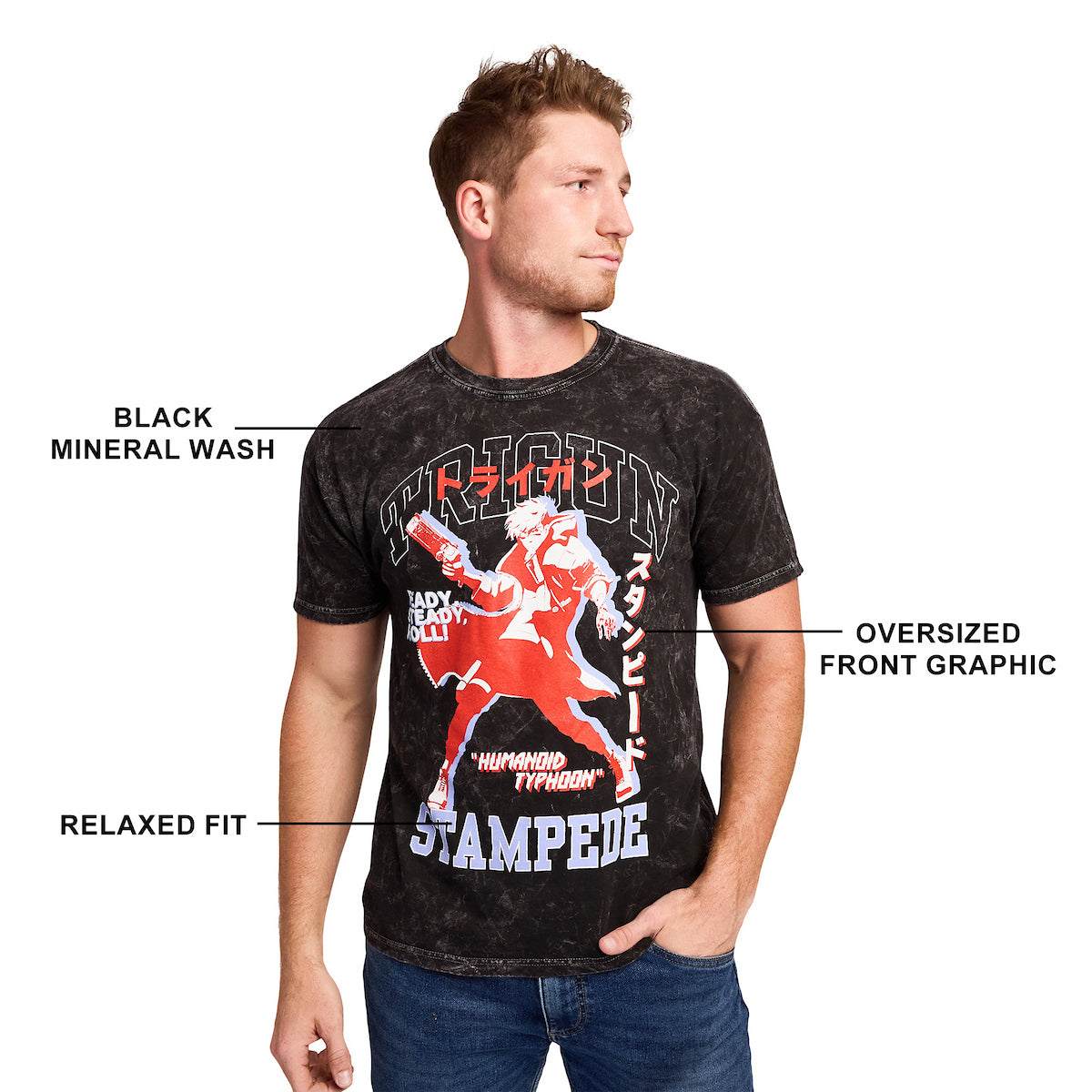 Trigun Stampede Vash Humanoid Typhoon Men's Black Mineral Wash Oversized Crew Neck Short Sleeve T-shirt