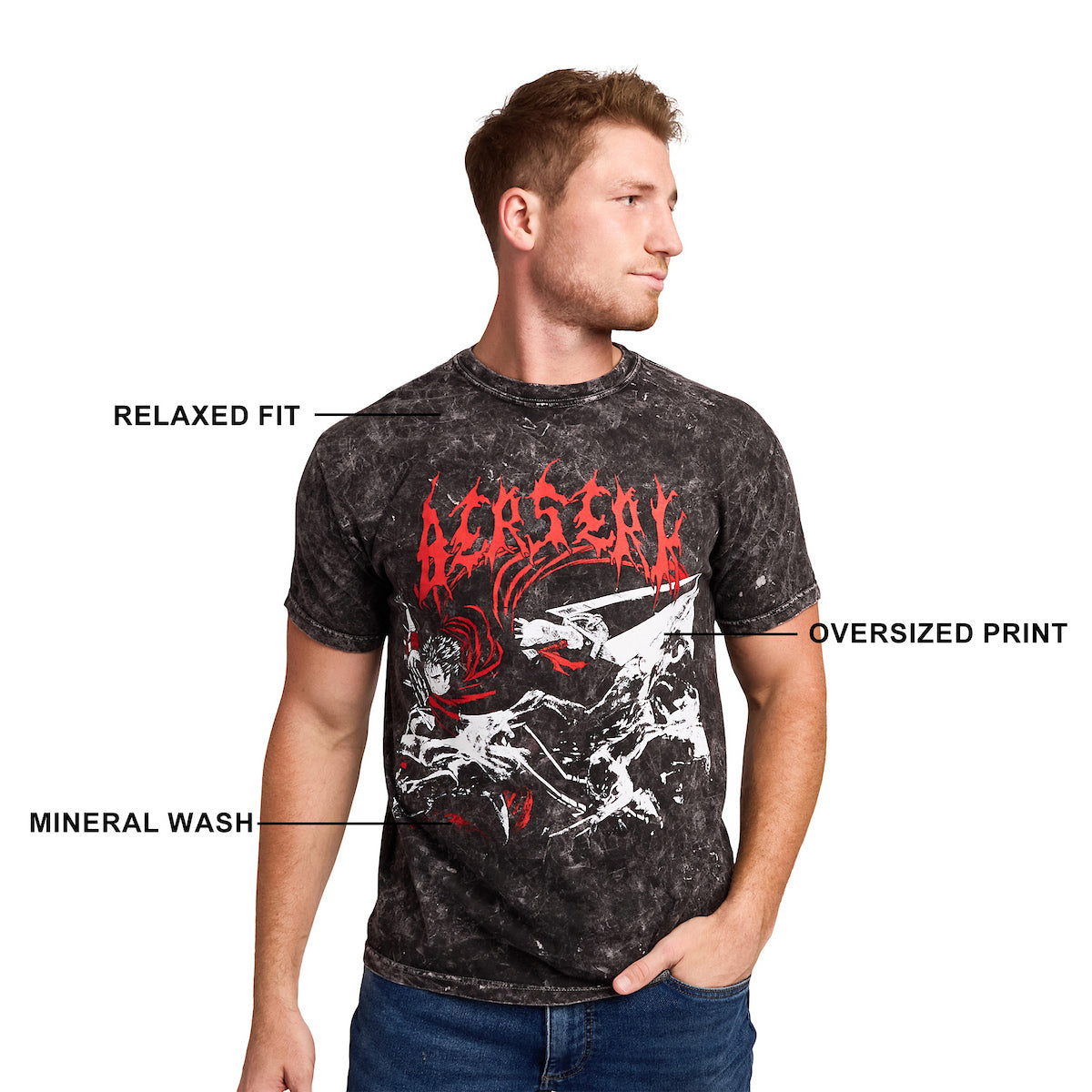 Berserk Guts & Monster Manga Art Men's Black Mineral Wash Crew Neck Short Sleeve T-shirt