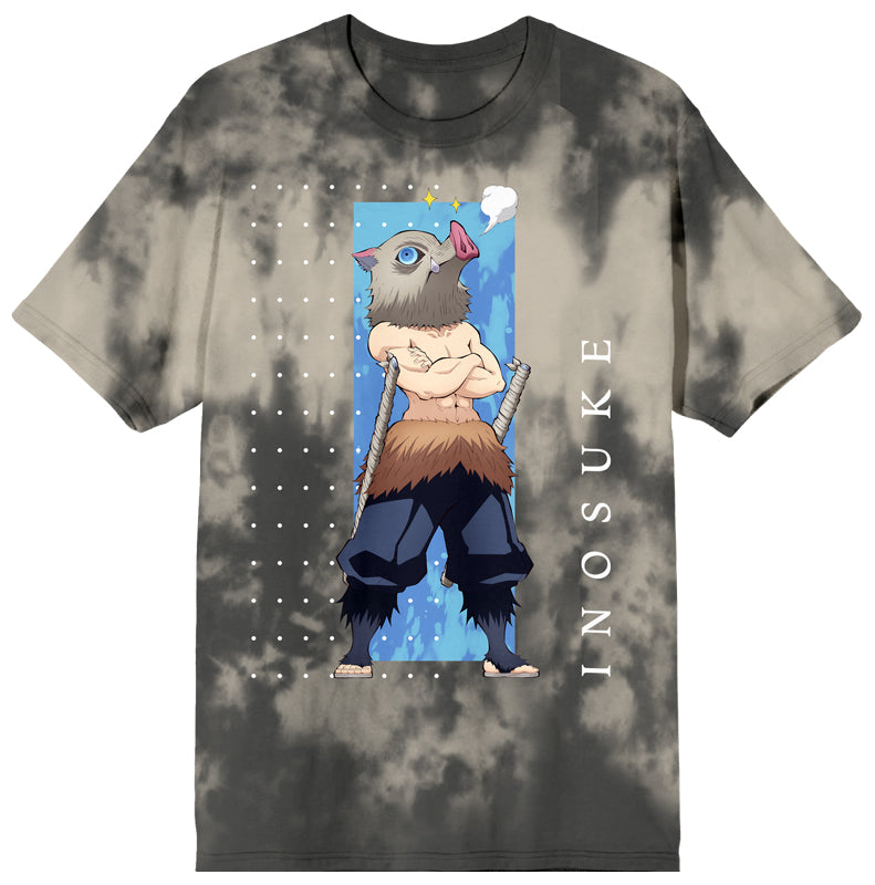 Demon Slayer Inosuke Dot Grid Gray Wash Short Sleeve Tee Shirt for Men