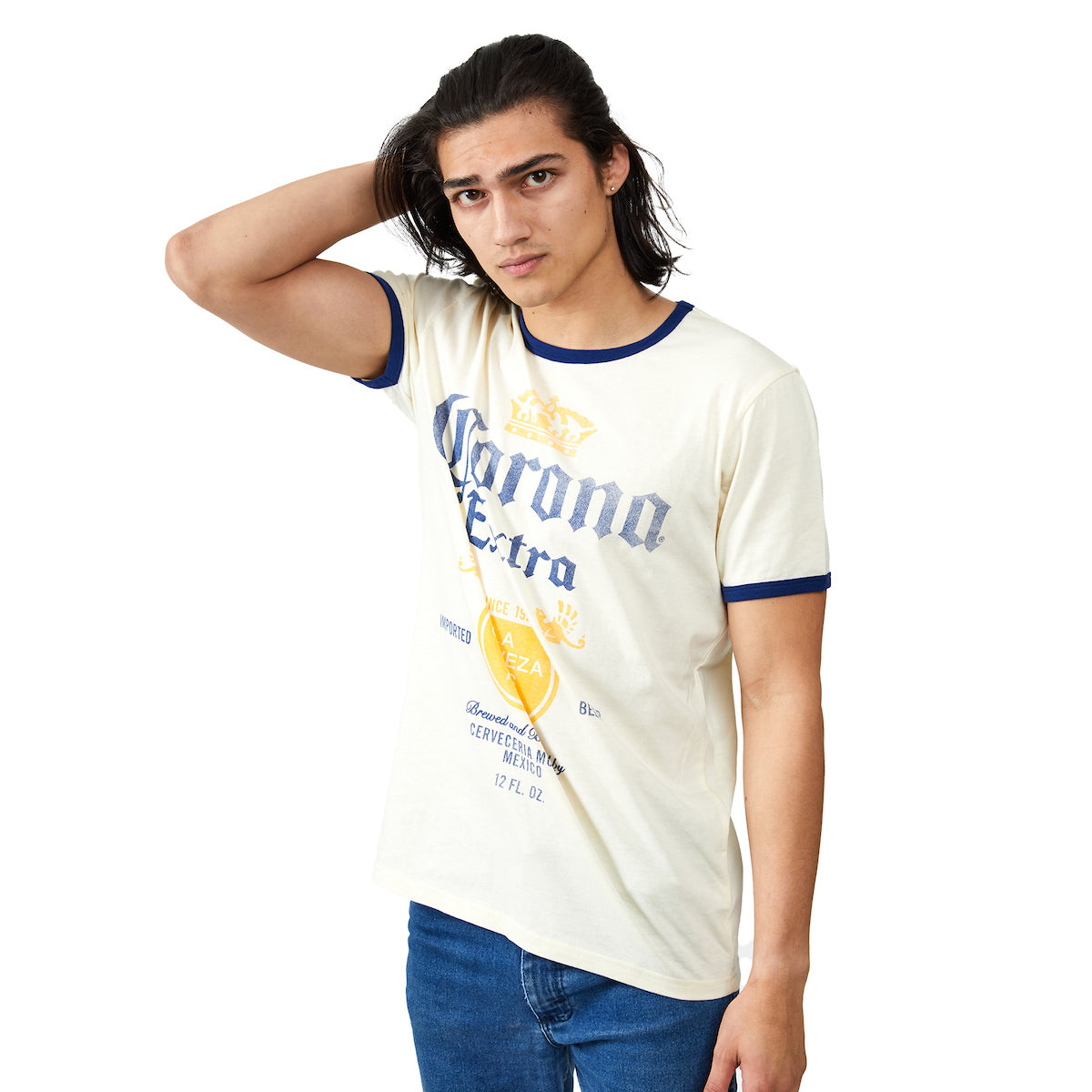 Corona Extra Label Crew Neck Short Sleeve Natural Men's Ringer Tee