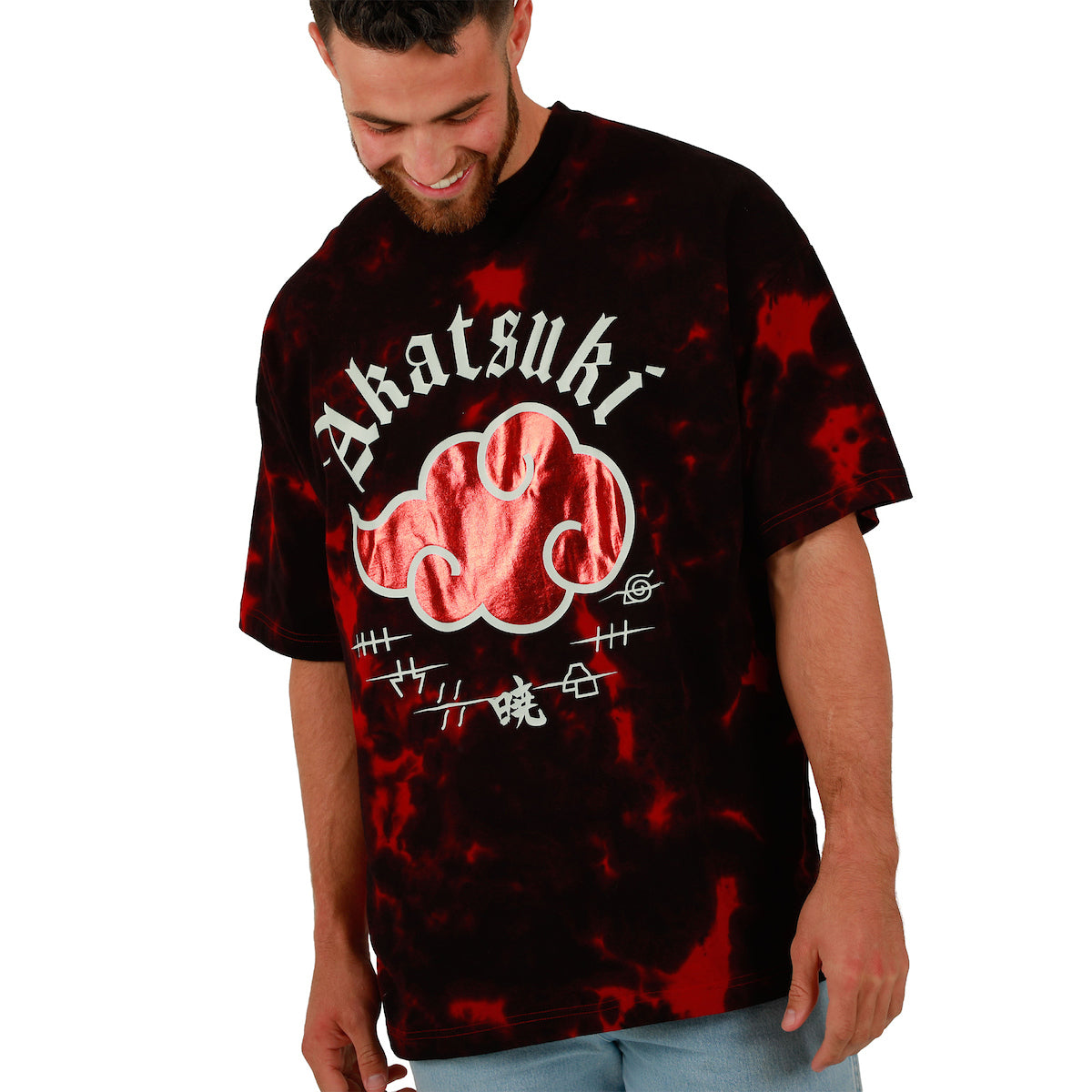 Naruto Akatsuki Cloud Crew Neck Short Sleeve Oversized Drop Shoulder Red & Black Cloud Wash Men's T-shirt