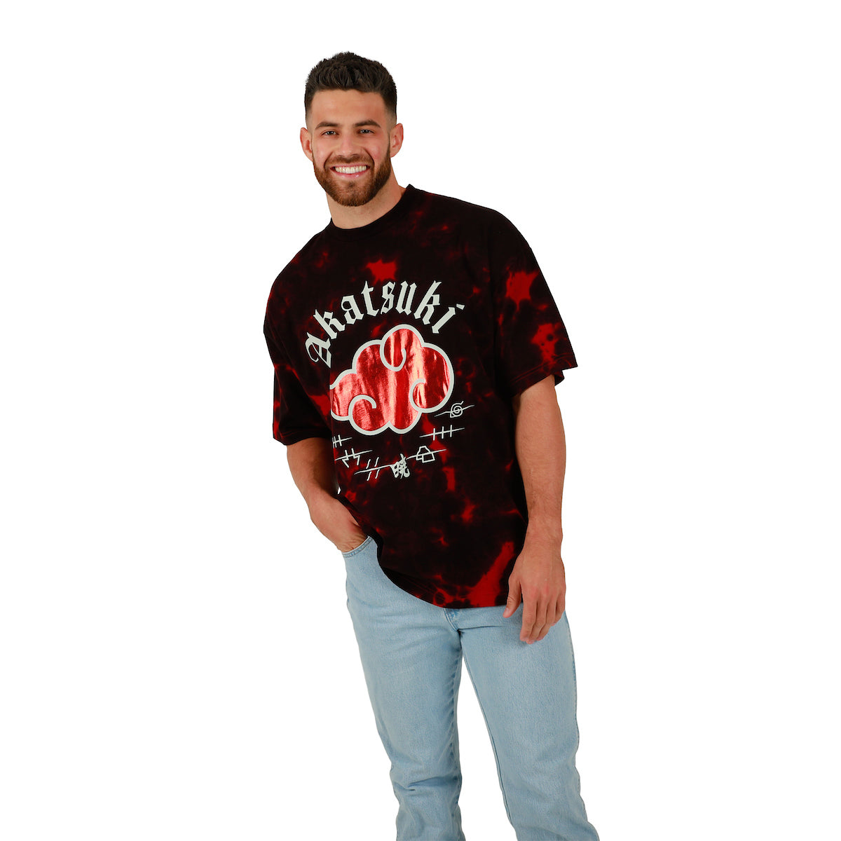 Naruto Akatsuki Cloud Crew Neck Short Sleeve Oversized Drop Shoulder Red & Black Cloud Wash Men's T-shirt