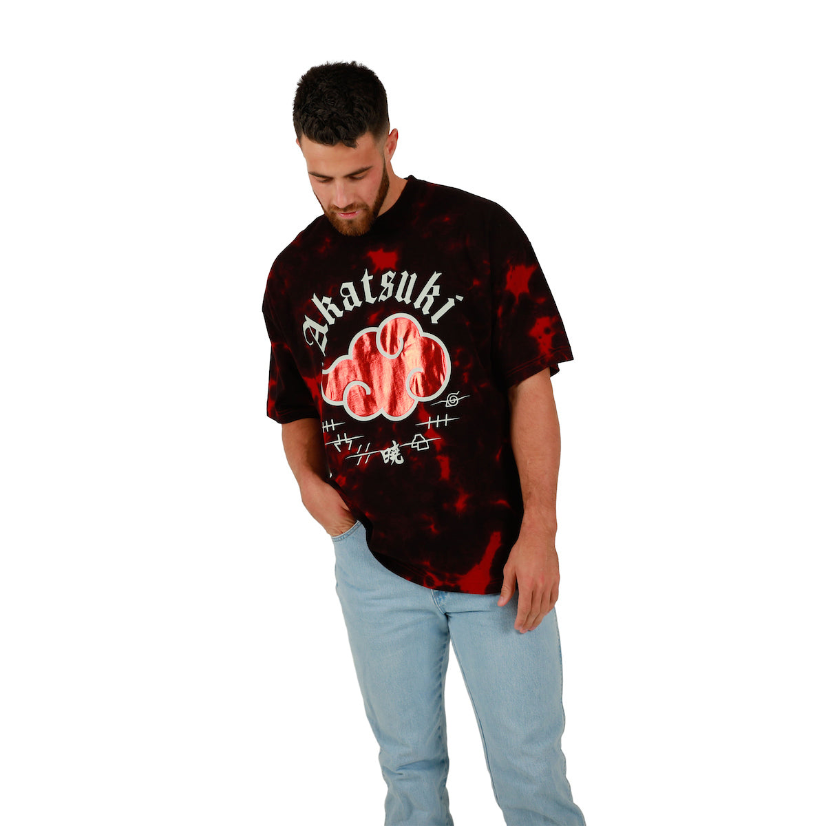 Naruto Akatsuki Cloud Crew Neck Short Sleeve Oversized Drop Shoulder Red & Black Cloud Wash Men's T-shirt