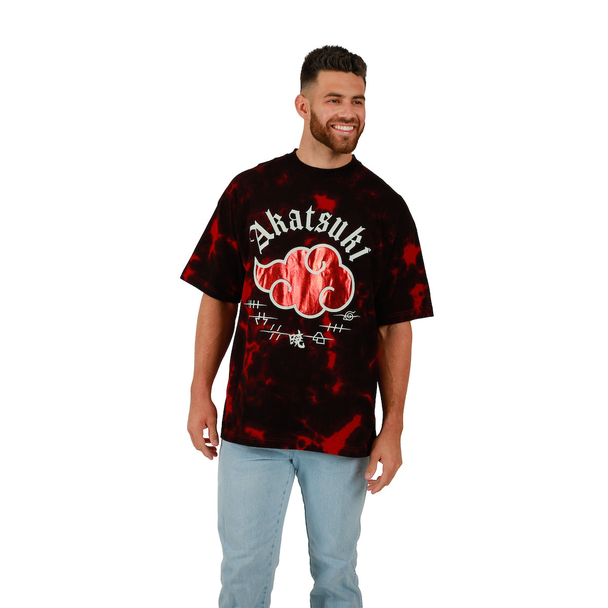 Naruto Akatsuki Cloud Crew Neck Short Sleeve Oversized Drop Shoulder Red & Black Cloud Wash Men's T-shirt