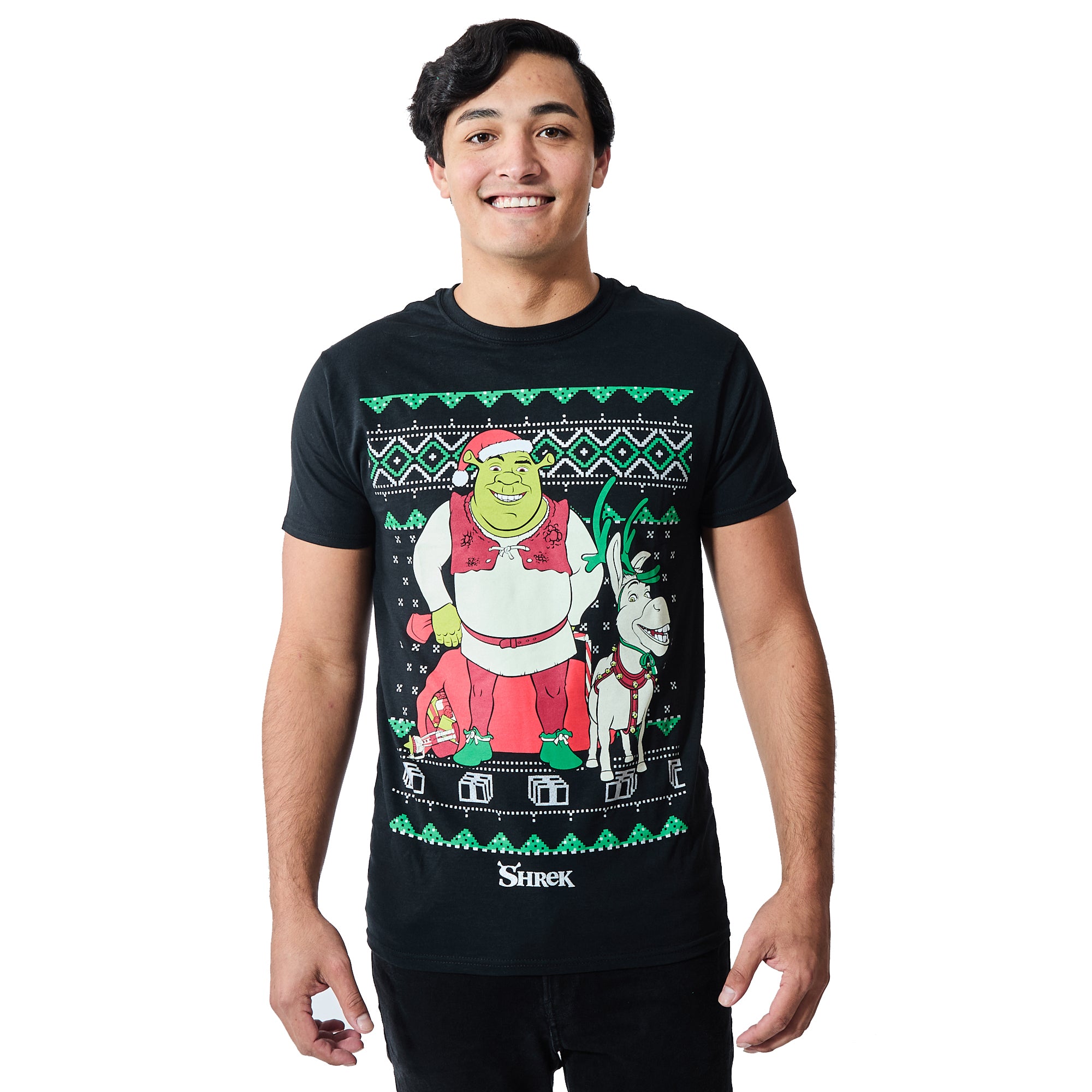 Shrek & Donkey Holiday Sweater Pattern Men's Charcoal Crew Neck Short Sleeve T-shirt