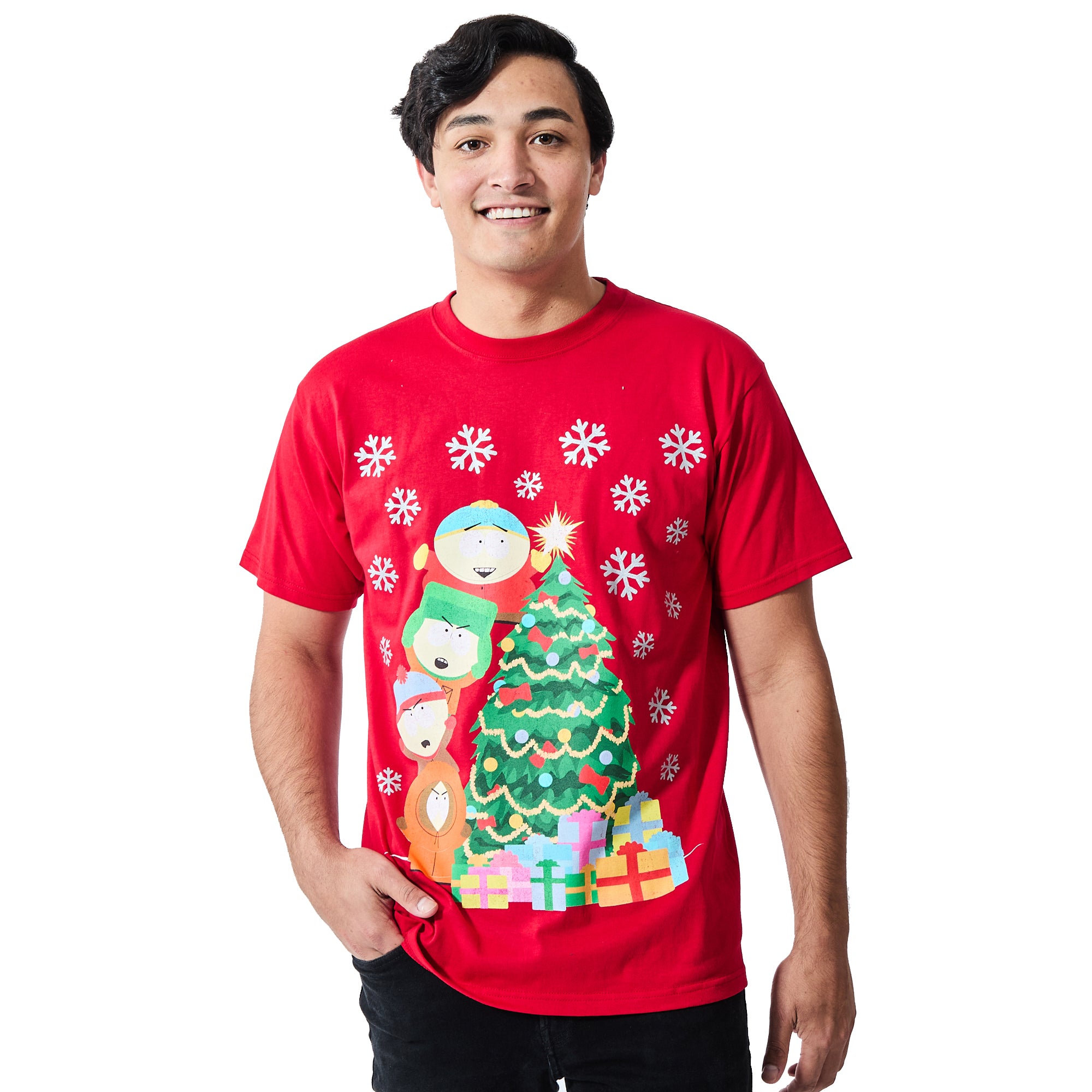 South Park Oversized Group Shot Decorating Christmas Tree Men's Red Crew Neck Short Sleeve T-shirt
