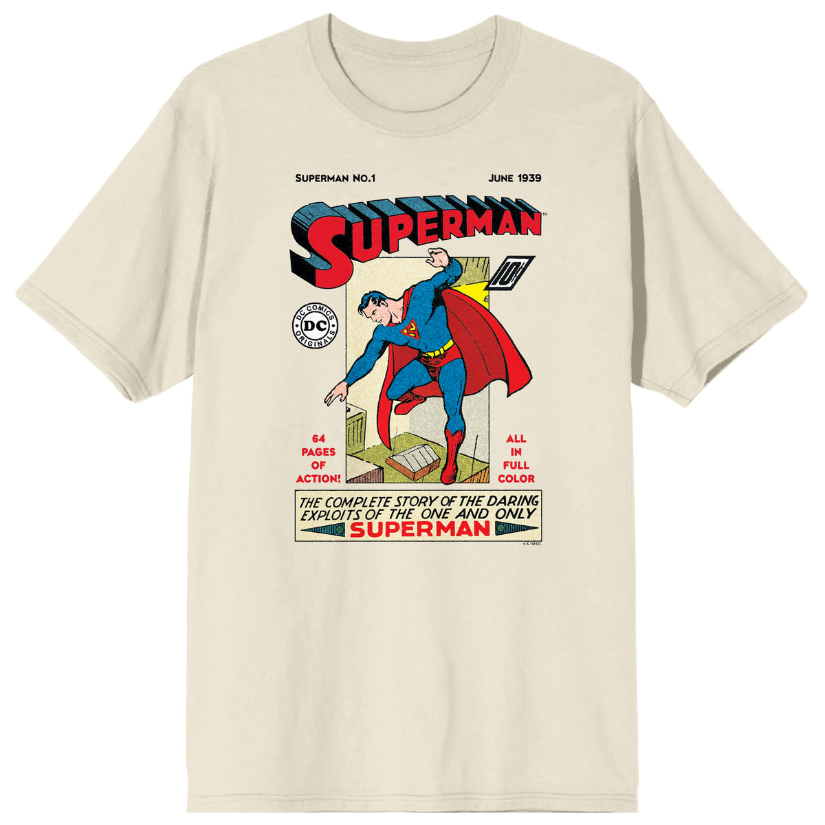 Superman 90th Anniversary DC Retro Comic Cover Art Crew Neck Short Sleeve Men's Natural T-shirt