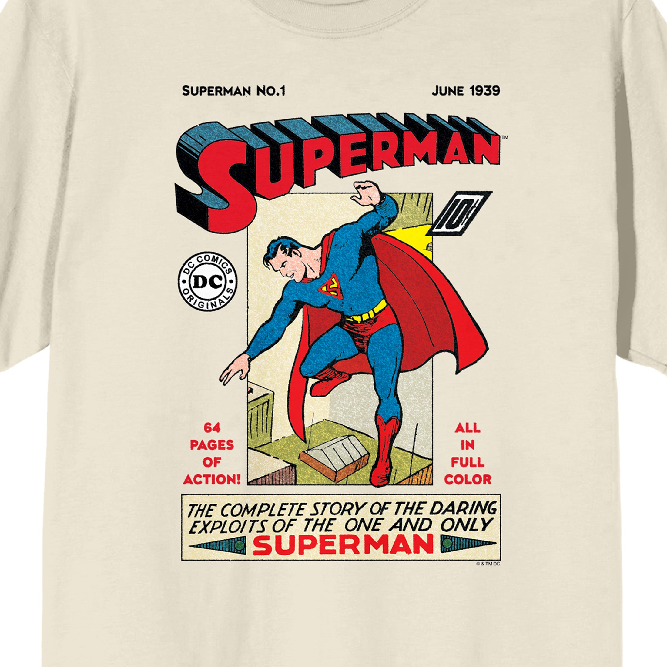 Superman 90th Anniversary DC Retro Comic Cover Art Crew Neck Short Sleeve Men's Natural T-shirt
