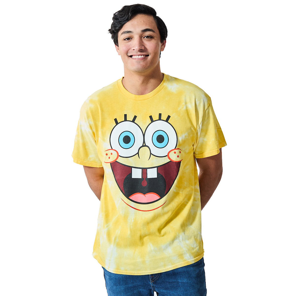 Spongebob Squarepants Big Face Spongebob Men's Yellow Spiral Wash Crew Neck Short Sleeve T-shirt