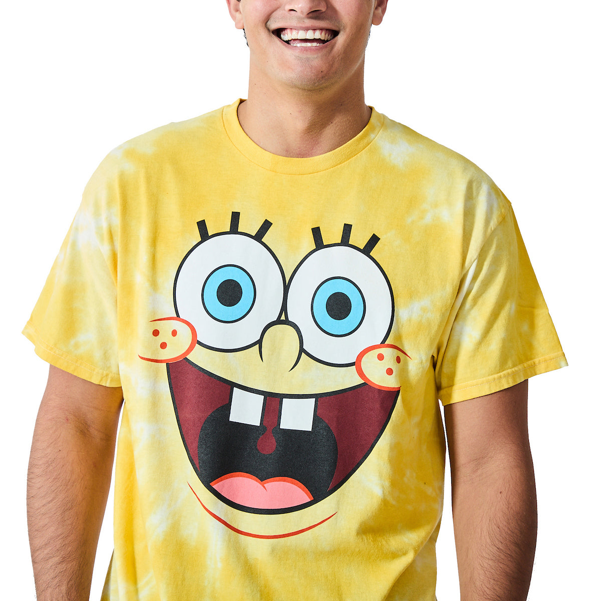Spongebob Squarepants Big Face Spongebob Men's Yellow Spiral Wash Crew Neck Short Sleeve T-shirt
