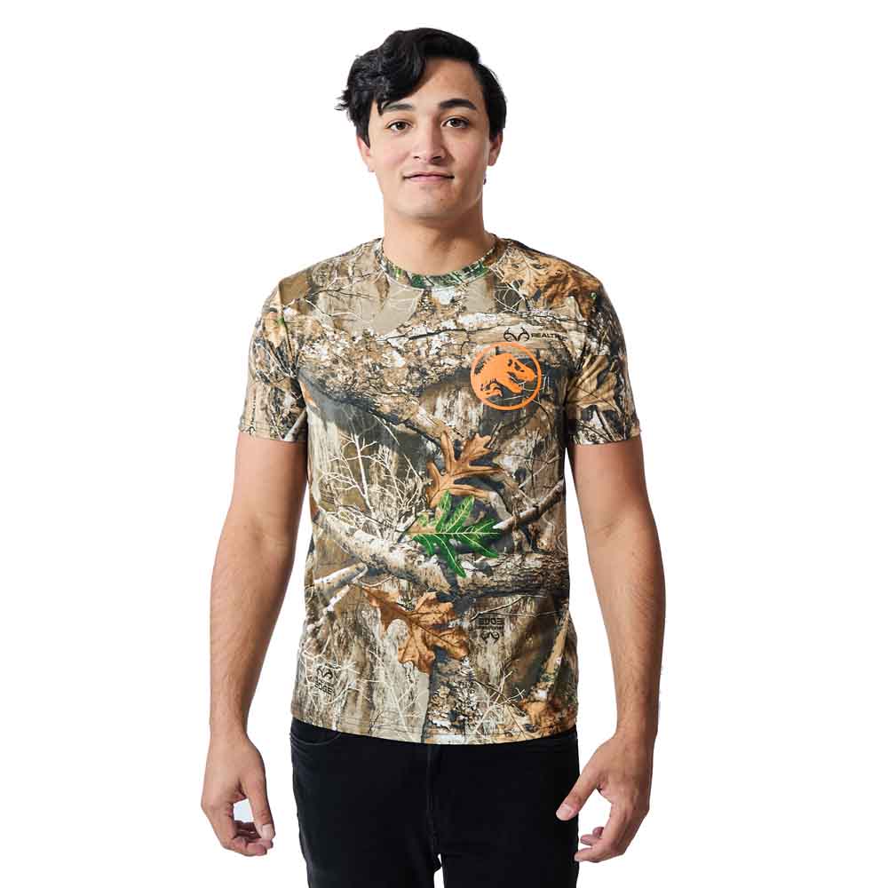 Jurassic Park Blaze Orange Logo Men's Camo Crew Neck Short Sleeve T-shirt