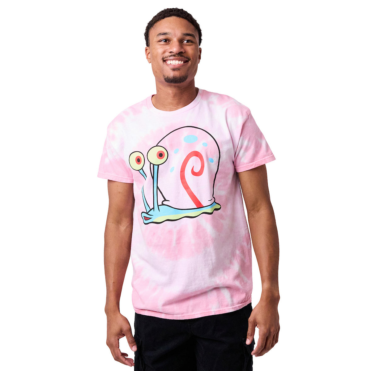 Spongebob Squarepants Big Face Gary Adult Pink Spiral Tie-Dye Crew Neck Short Sleeve T-shirt