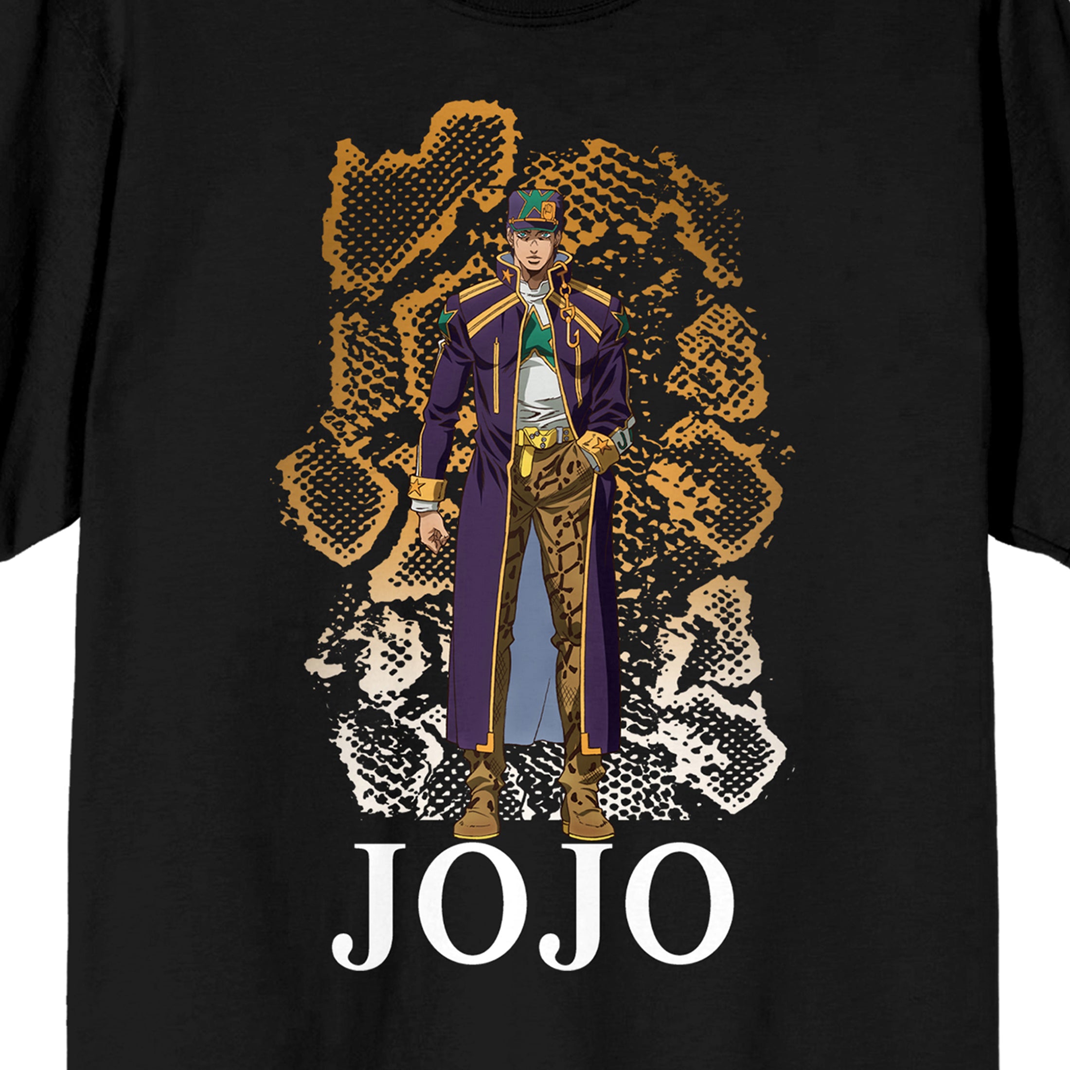 Jojo's Bizarre Adventure Jotaro Kujo, Snake like pattern in Gradient, Logo text on Black Adult T-Shirt