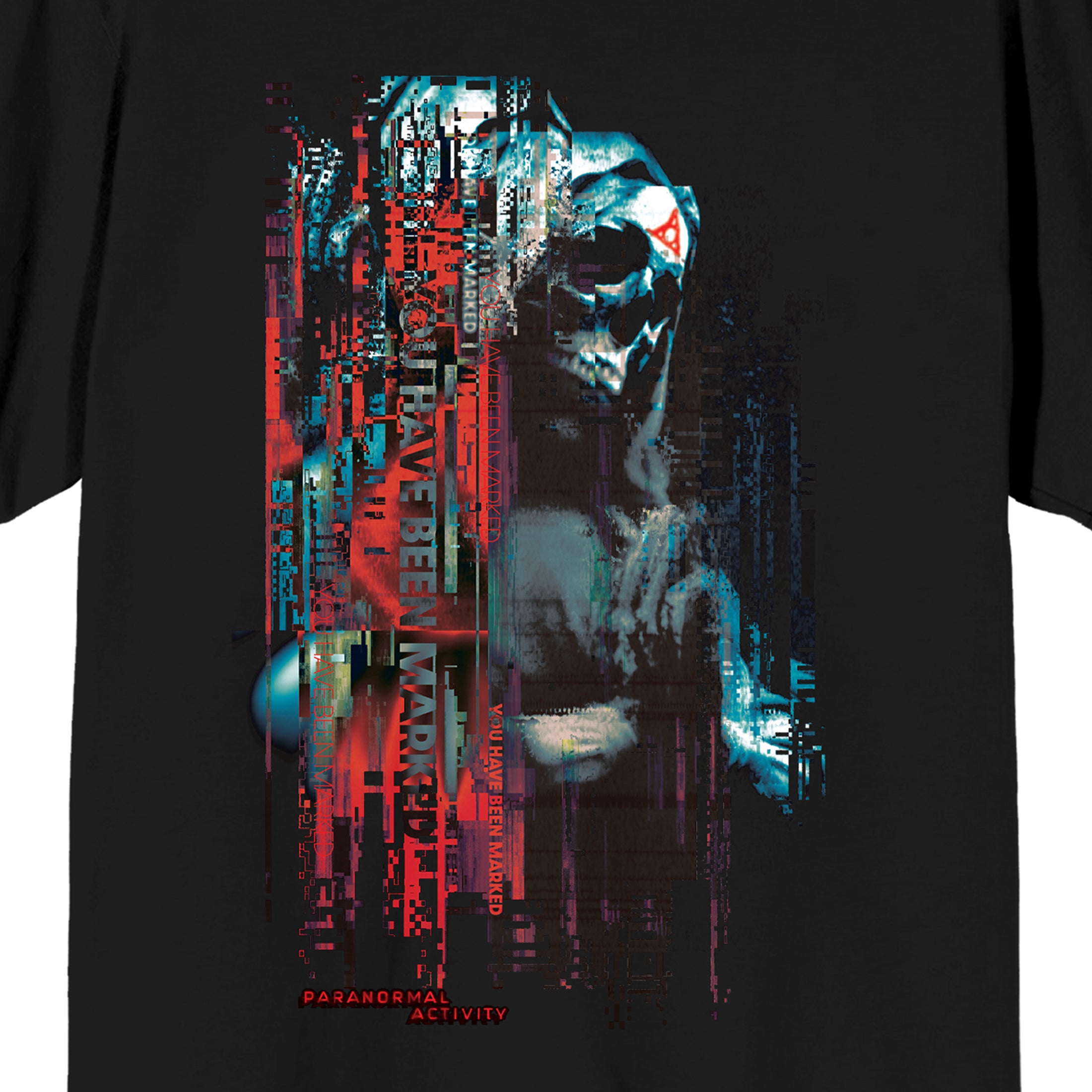 Paranormal Activity Hooded Skeleton Glitch Effect Adult Black Crew Neck Short Sleeve T-shirt