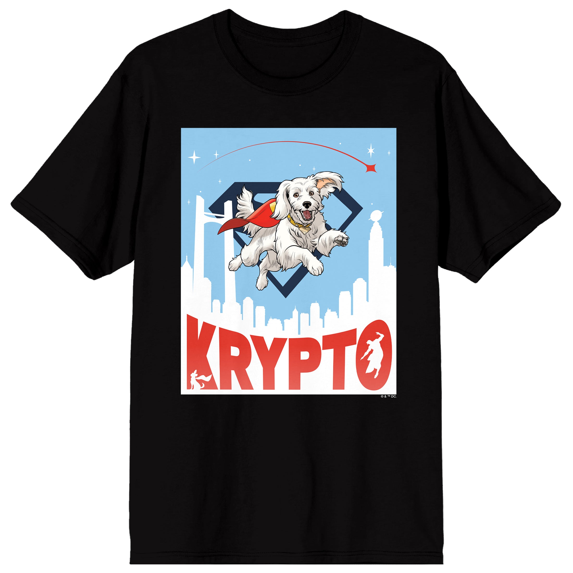 Superman 2025 Krypto Flying Above Metropolis Adult Black Crew Neck Short Sleeve T-shirt