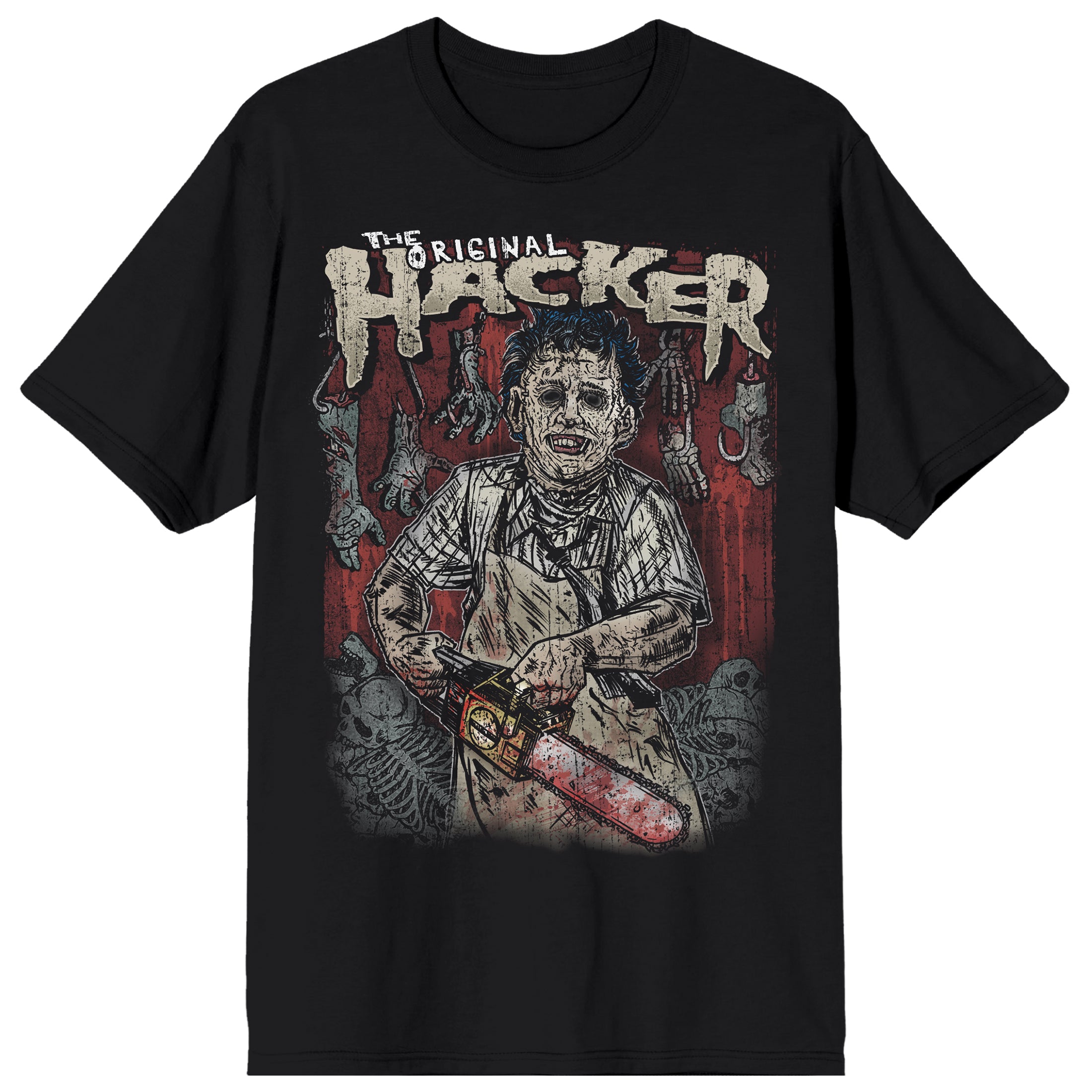 Texas Chainsaw Massacre Original Hacker Illustrated Leatherface on Black Adult Crew Neck Short Sleeve T-shirt