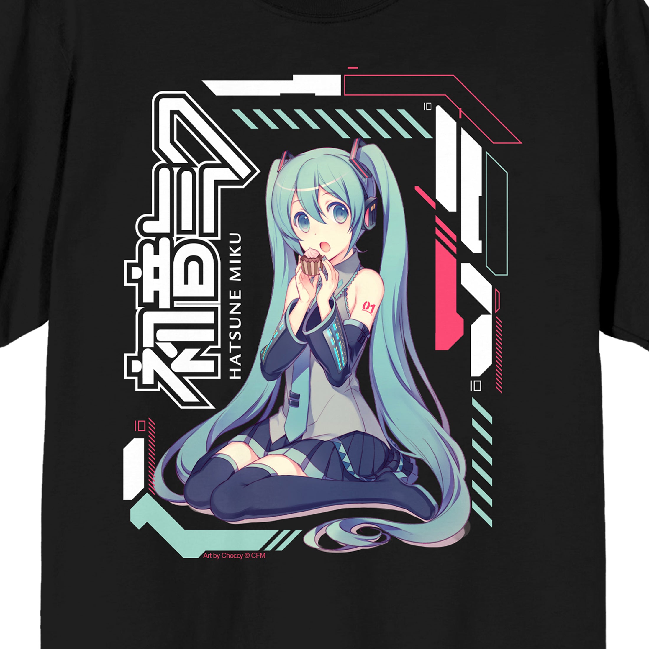 Hatsune Miku Futuristic Patterns Adult Black Crew Neck Short Sleeve T-shirt
