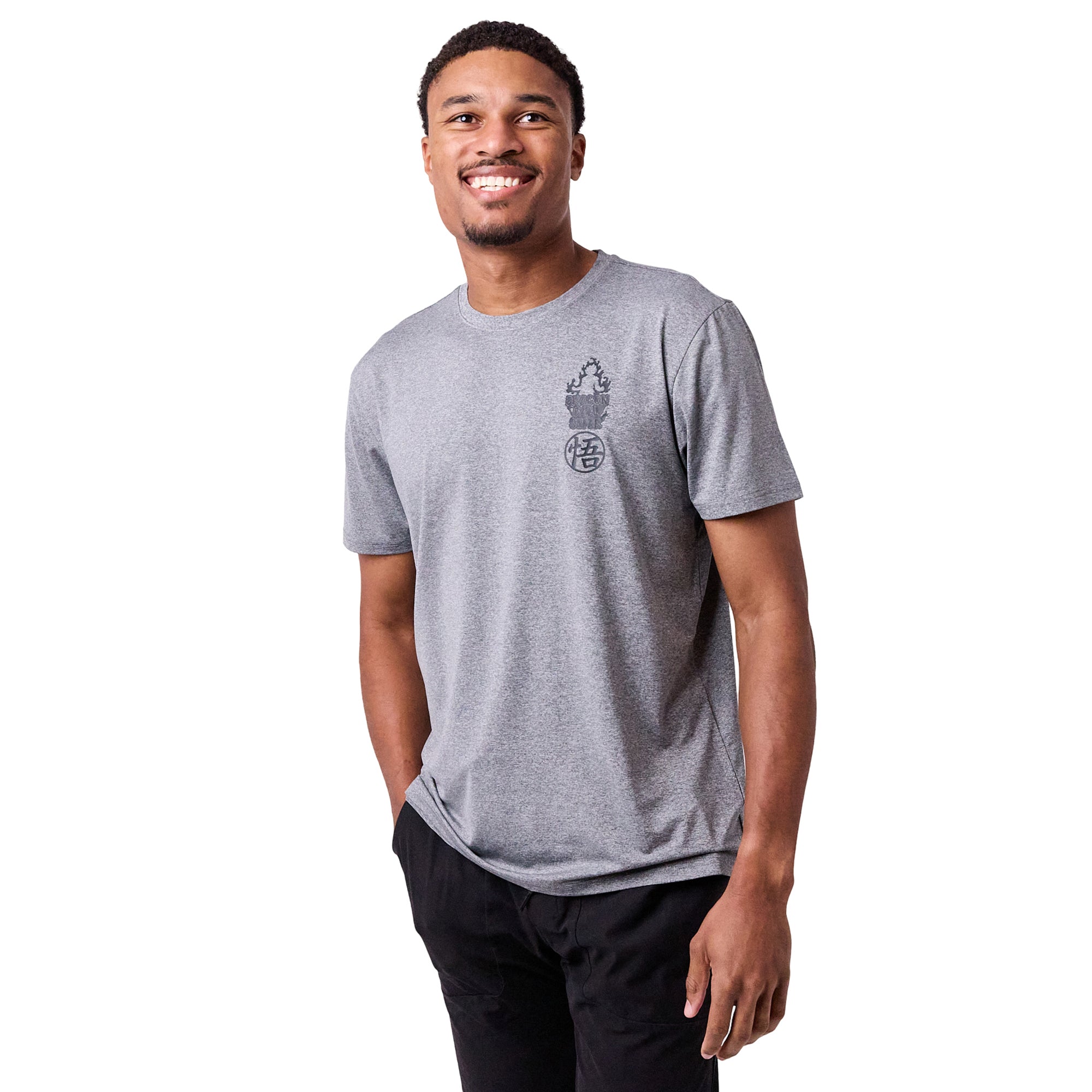 Dragon Ball Super Fiery Silhouette & Kanji Men's Athletic Heather Crew Neck Short Sleeve Performance Tee
