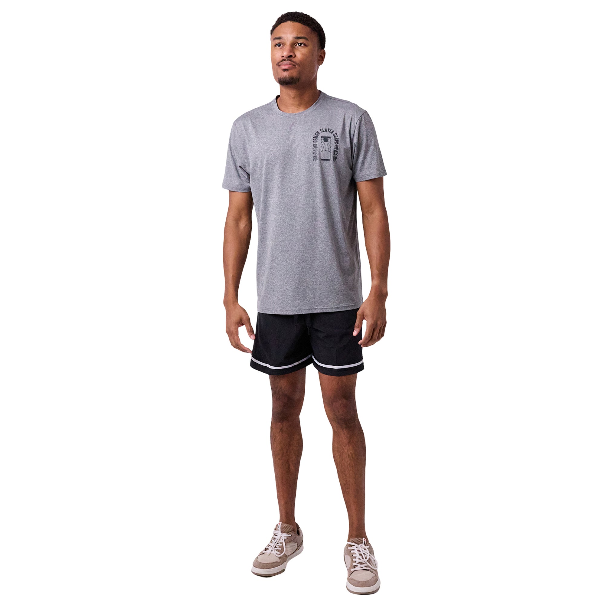 Demon Slayer Tanjiro Earring & Fox Mask Men's Athletic Heather Crew Neck Short Sleeve Performance Tee