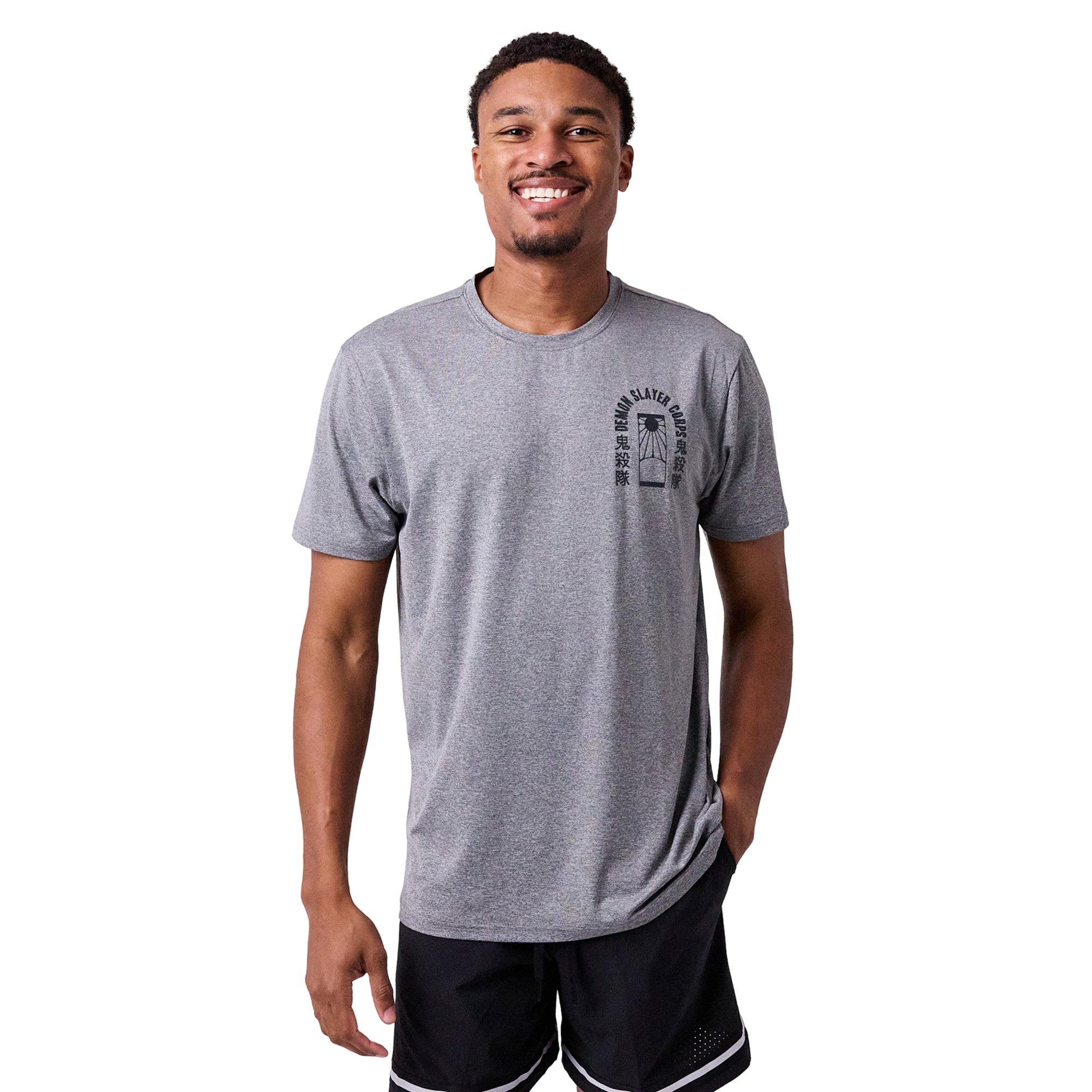 Demon Slayer Tanjiro Earring & Fox Mask Men's Athletic Heather Crew Neck Short Sleeve Performance Tee
