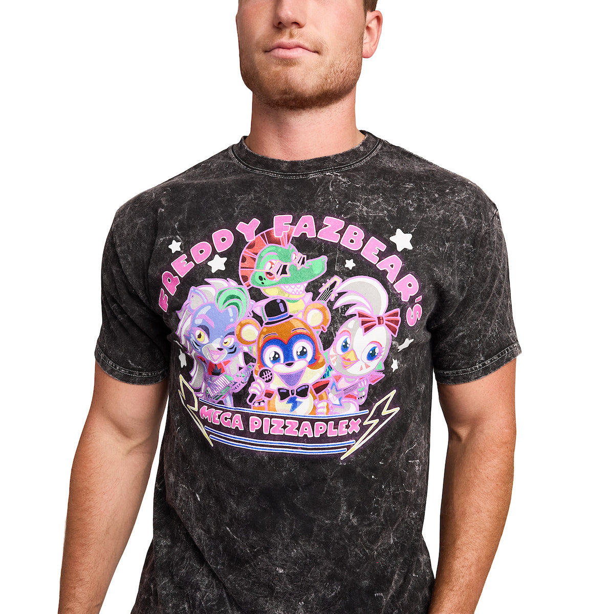 Five Nights At Freddy's Mega PizzaPlex Chibi Group Shot Men's Black Mineral Wash Crew Neck Short Sleeve T-shirt