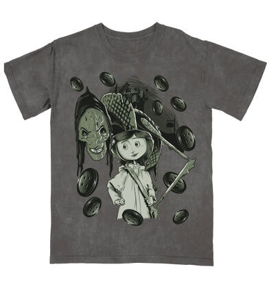 Coraline And Other Mother With Buttons on Men's Charcoal Mineral Wash Short Sleeve Tee