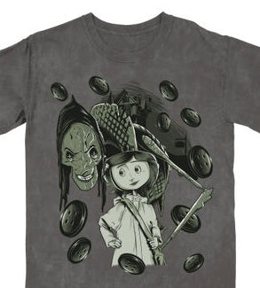 Coraline And Other Mother With Buttons on Men's Charcoal Mineral Wash Short Sleeve Tee