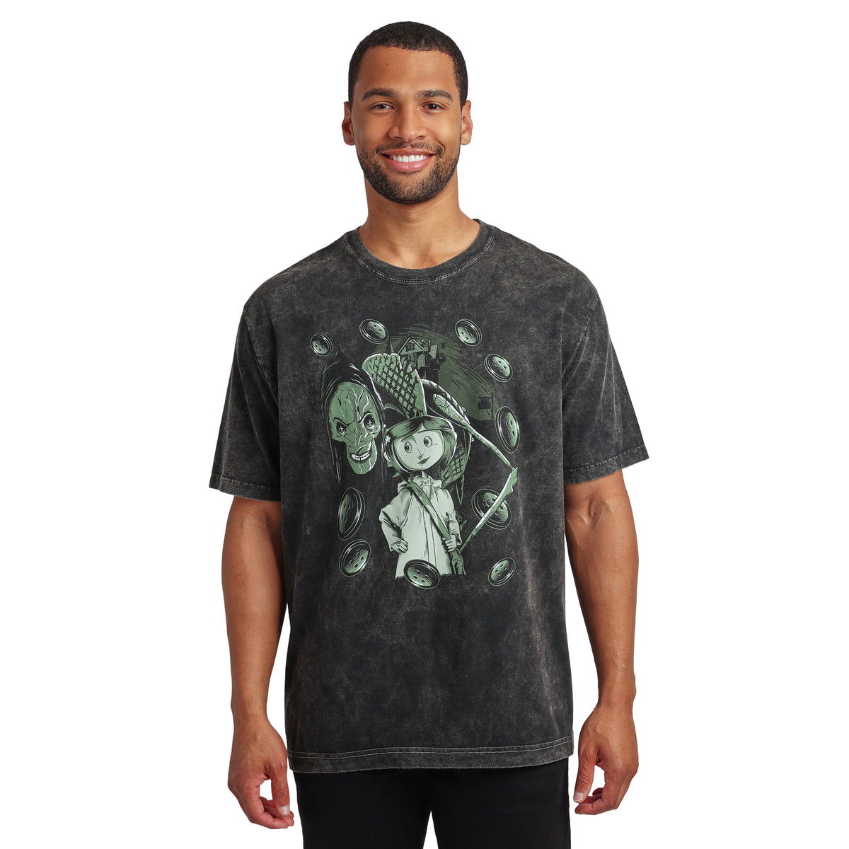 Coraline And Other Mother With Buttons on Men's Charcoal Mineral Wash Short Sleeve Tee