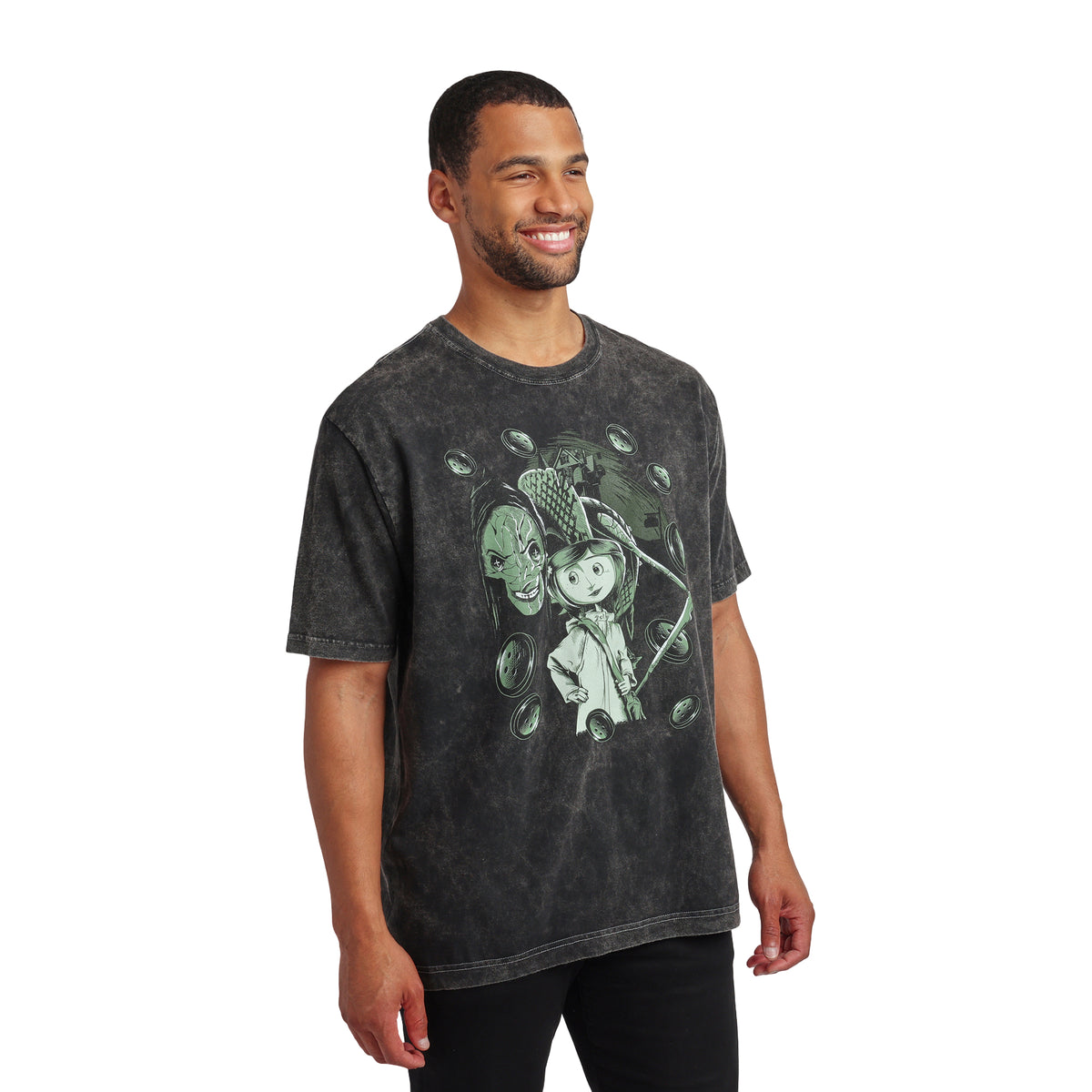 Coraline And Other Mother With Buttons on Men's Charcoal Mineral Wash Short Sleeve Tee