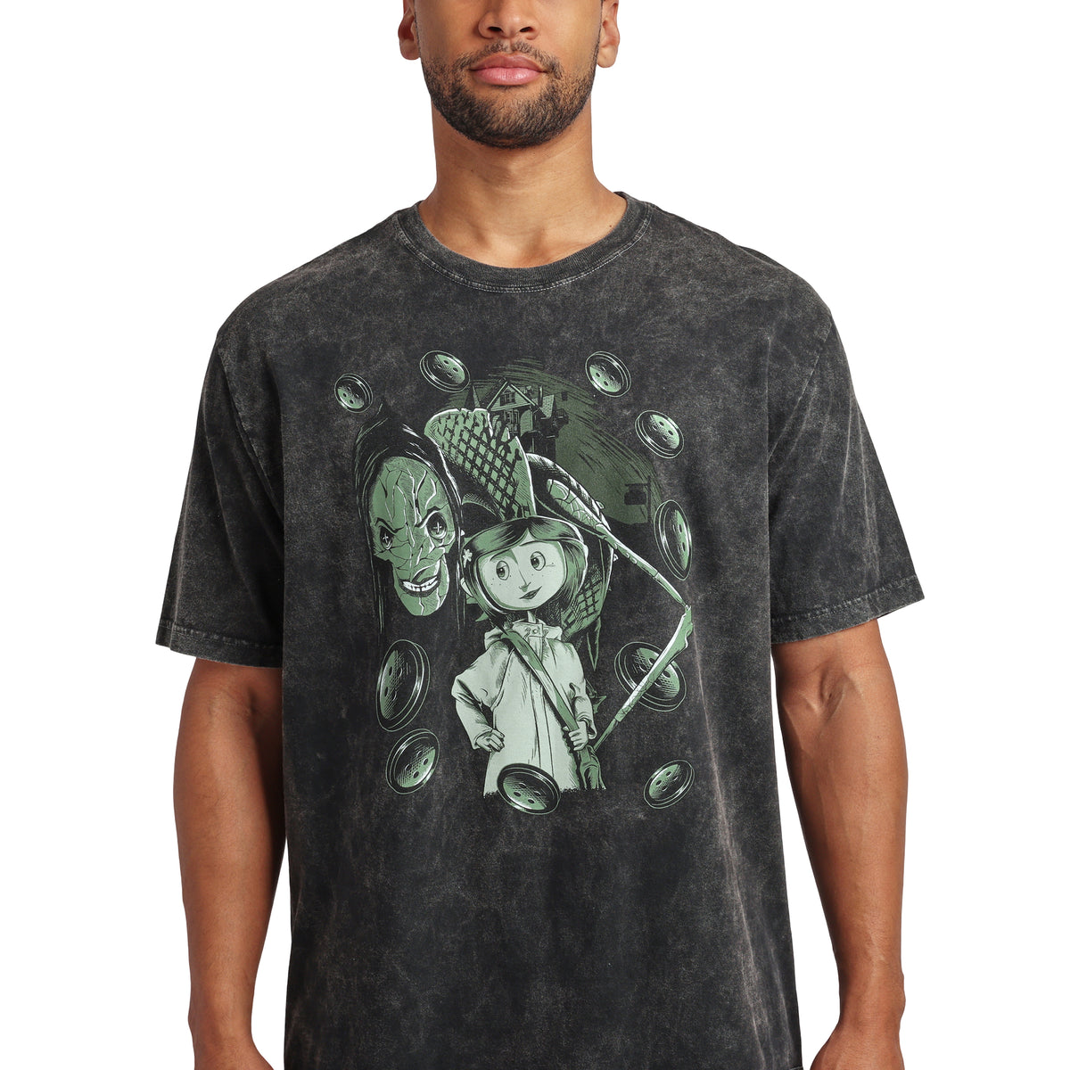 Coraline And Other Mother With Buttons on Men's Charcoal Mineral Wash Short Sleeve Tee