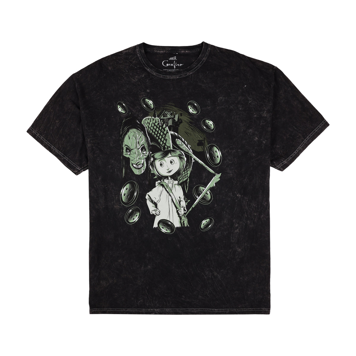 Coraline And Other Mother With Buttons on Men's Charcoal Mineral Wash Short Sleeve Tee